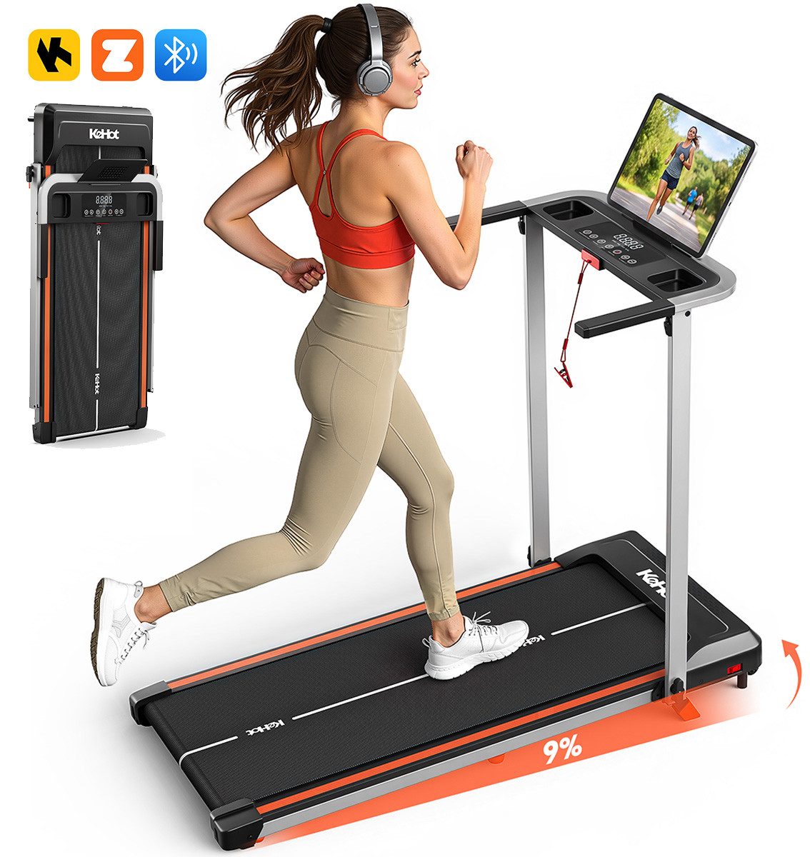 WILGOON Laufband Klappbares Laufband für Zuhause mit Bluetooth & App-Steuerung (Kompakt Laufband 1–12 km/h, 9% Steigung, 2,5 PS Motor, 38×100 cm Lauffläche, leise, inklusive Sicherheits-Key), Bluetooth & App-kompatibel (Zwift/Kinomap), bis 125 kg