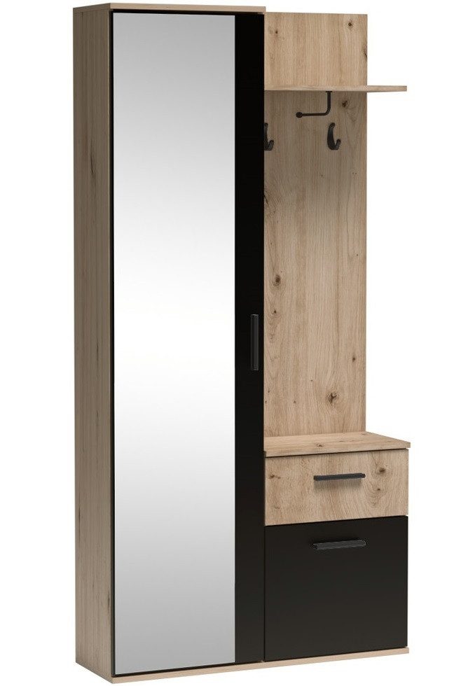 Marmex Möbel Garderobenschrank LUX EICHE ARTISAN+SCHWARZ ausziehbarer Kleiderstange für Flur