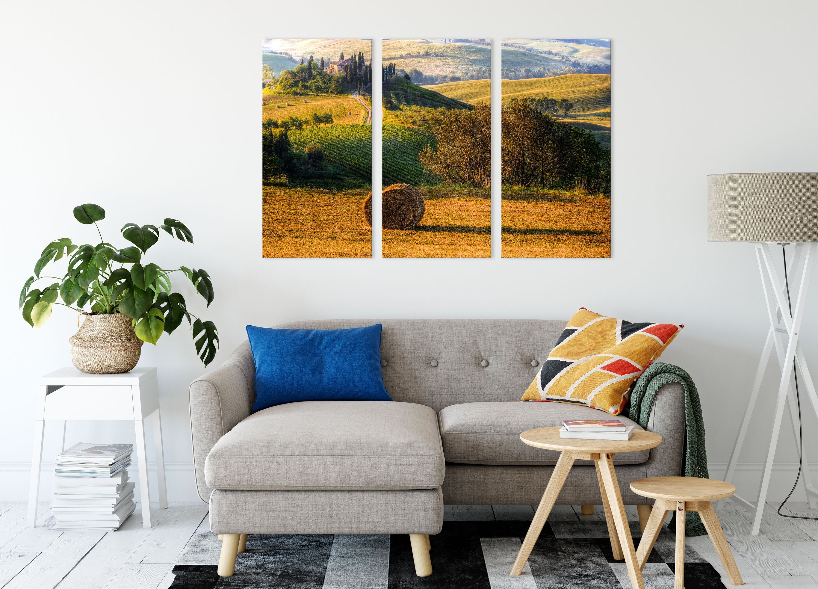 Pixxprint Leinwandbild fertig Landschaft, Toskana (1 Italienische inkl. St), Italienische Zackenaufhänger bespannt, Leinwandbild (120x80cm) 3Teiler Landschaft Toskana