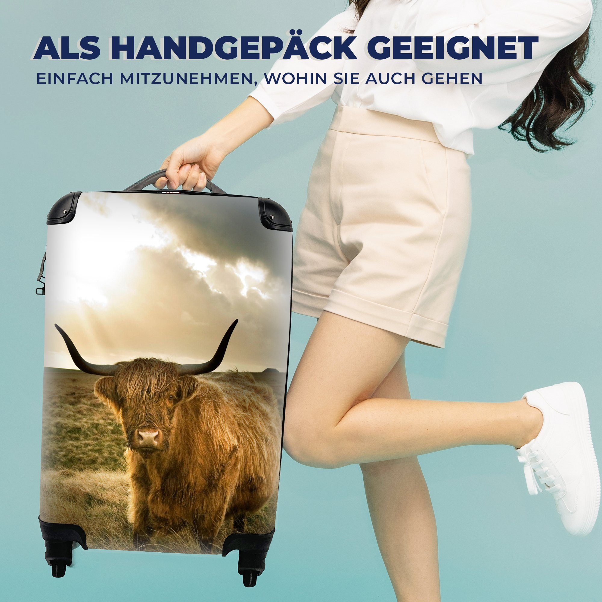 MuchoWow Handgepäckkoffer Schottischer Hochländer Sonne Rollen, Ferien, Handgepäck Reisekoffer Reisetasche Trolley, Tiere, 4 mit - für rollen, 