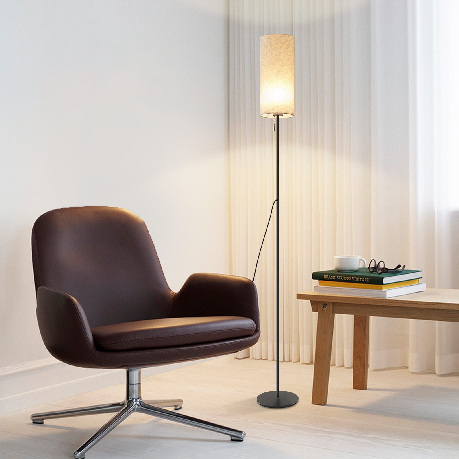 ZMH LED Stehlampe Wohnzimmer dimmbar 4W Weiß Retro Metall Stoffschirm Schlafzimmer, LED fest integriert, Warmweiß-Neutralweiß-Kaltweiß, Beige Lampenschirm Retro – Bild 4 von 5