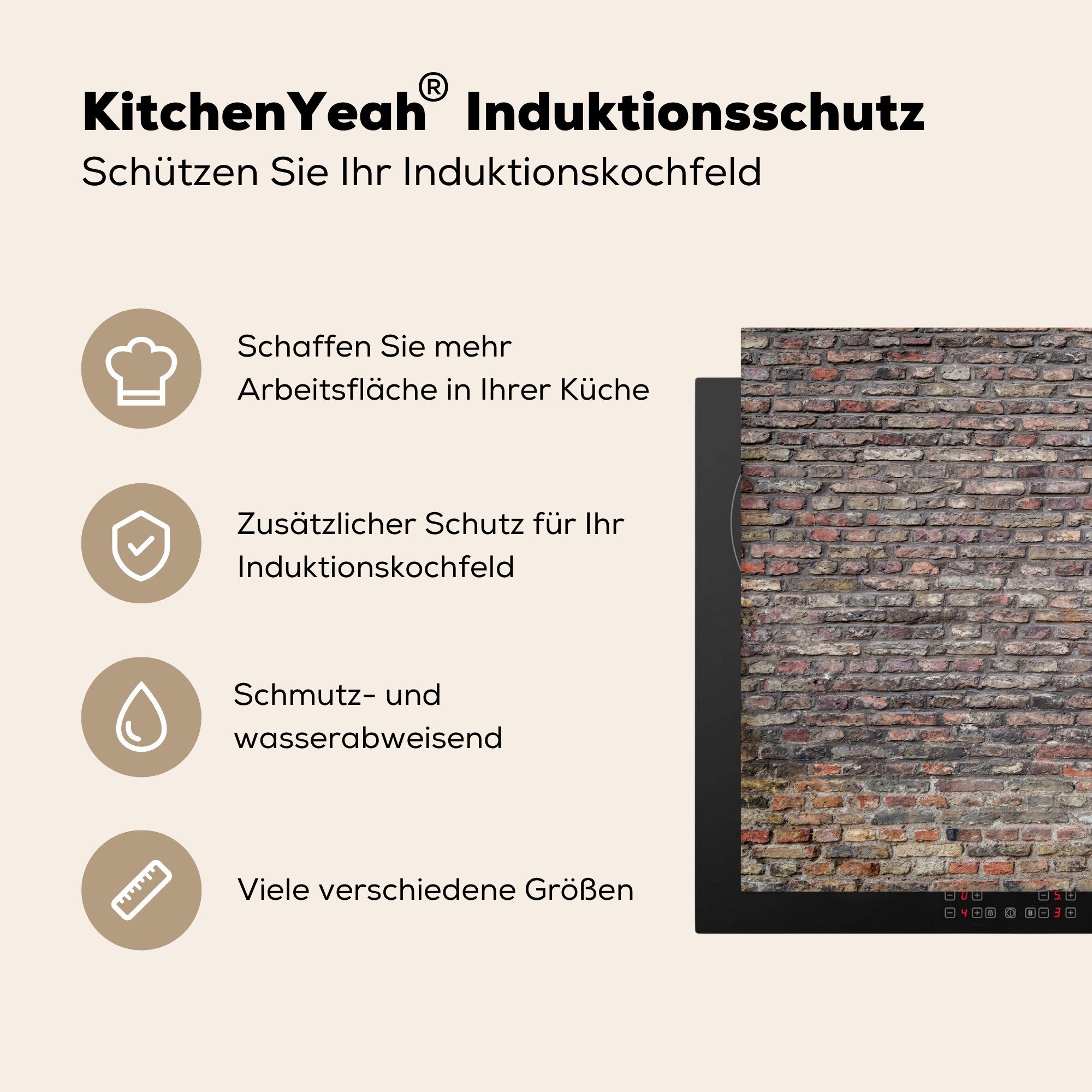 MuchoWow Herdblende-/Abdeckplatte Ceranfeldabdeckung tlg), Vinyl, 81x52 küche, die - Grau - Schutz cm, für Wand, Backstein (1 Induktionskochfeld