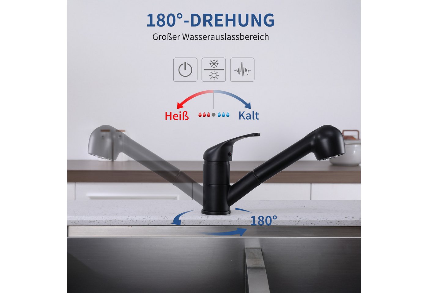 Thumbnail - HOMELODY Spültischarmatur Hochdruck Wasserhahn Küche 180° Küchenarmatur mit Ausziehbarer (Mischbatterie mit Dual-Spülbra...