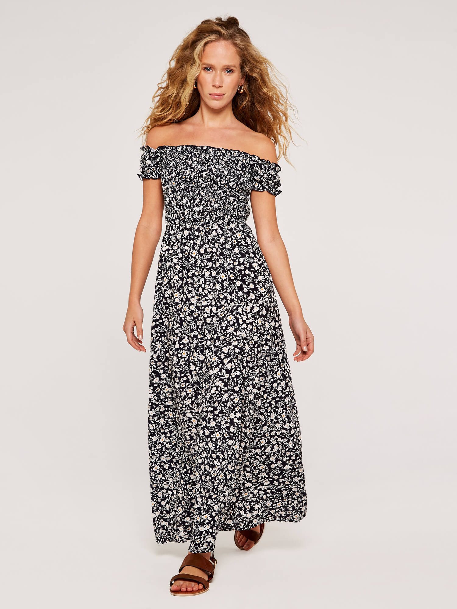 Apricot Maxikleid Geblümtes Kleid mit Schlitz mit Smokdetails günstig online kaufen