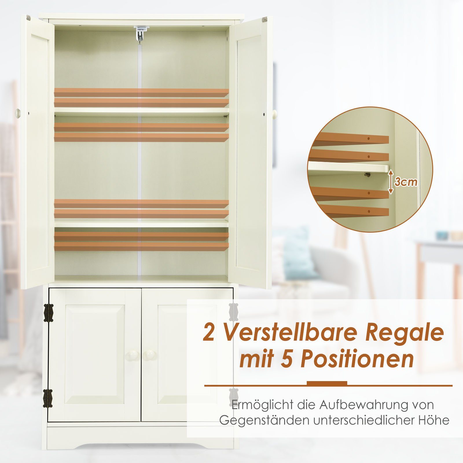 COSTWAY Mehrzweckschrank mit Türen&verstellbarem Regal, Weiß 58,5x31,5x123cm Holz
