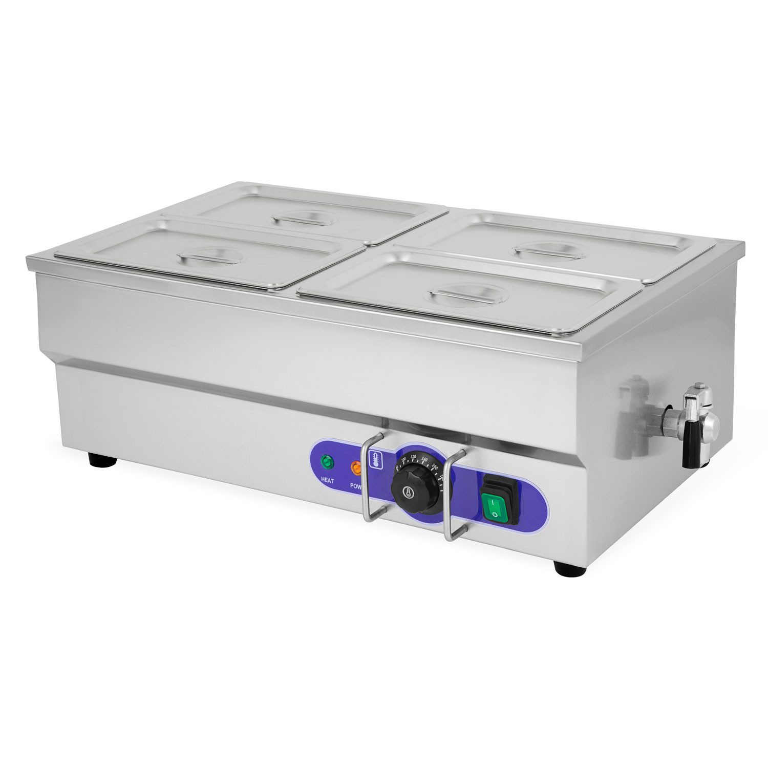 vertes Speisenwärmer Elektrisch 1500W aus Edelstahl, (4X 1/4 GN Behälter mit Deckel für 4X 2,8L), Ablasshahn, Bain Marie Wasserbad, Temperatur 50-200°C