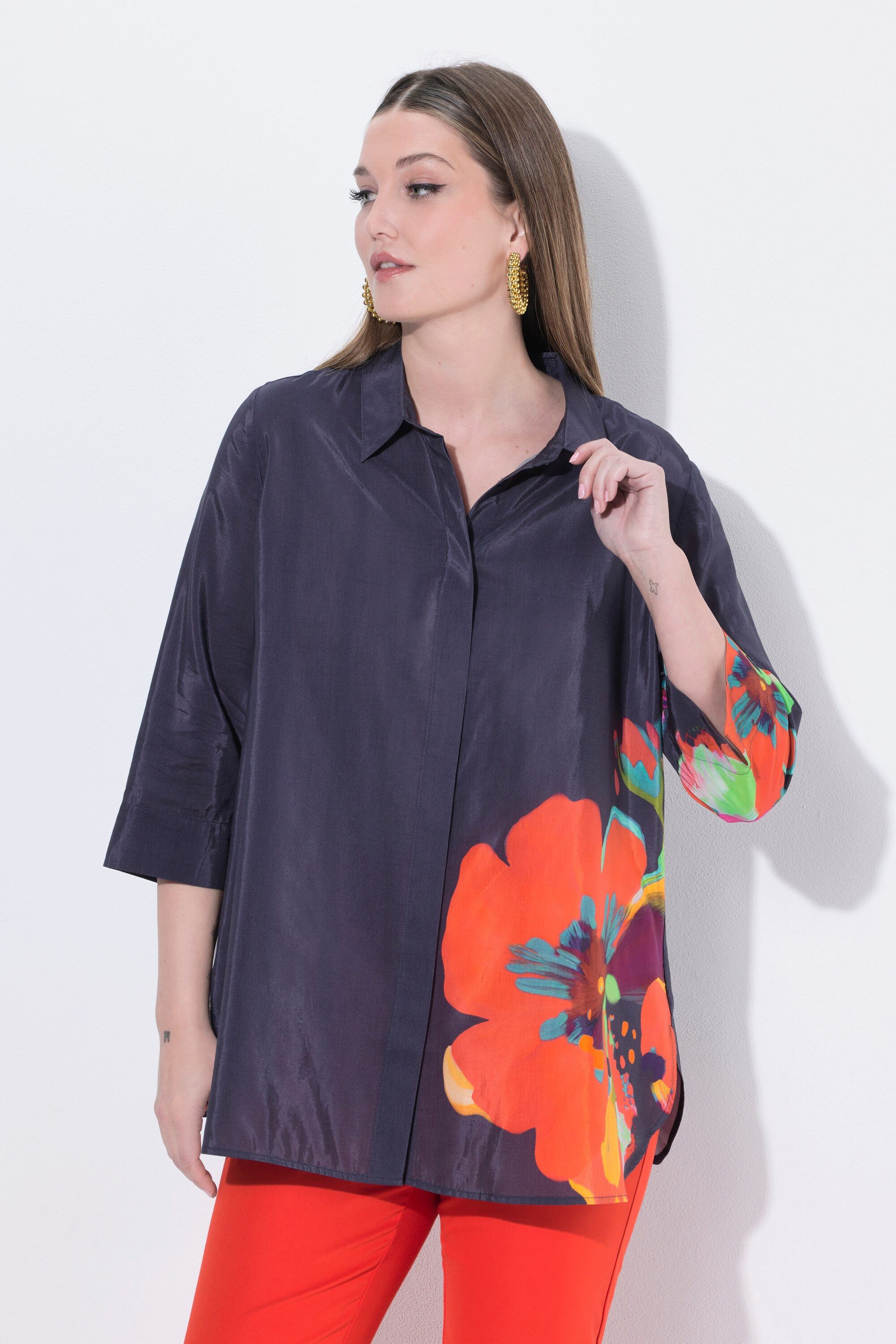 Hemdbluse Hemdbluse Blüten A-Linie Hemdkragen 3/4-Arm