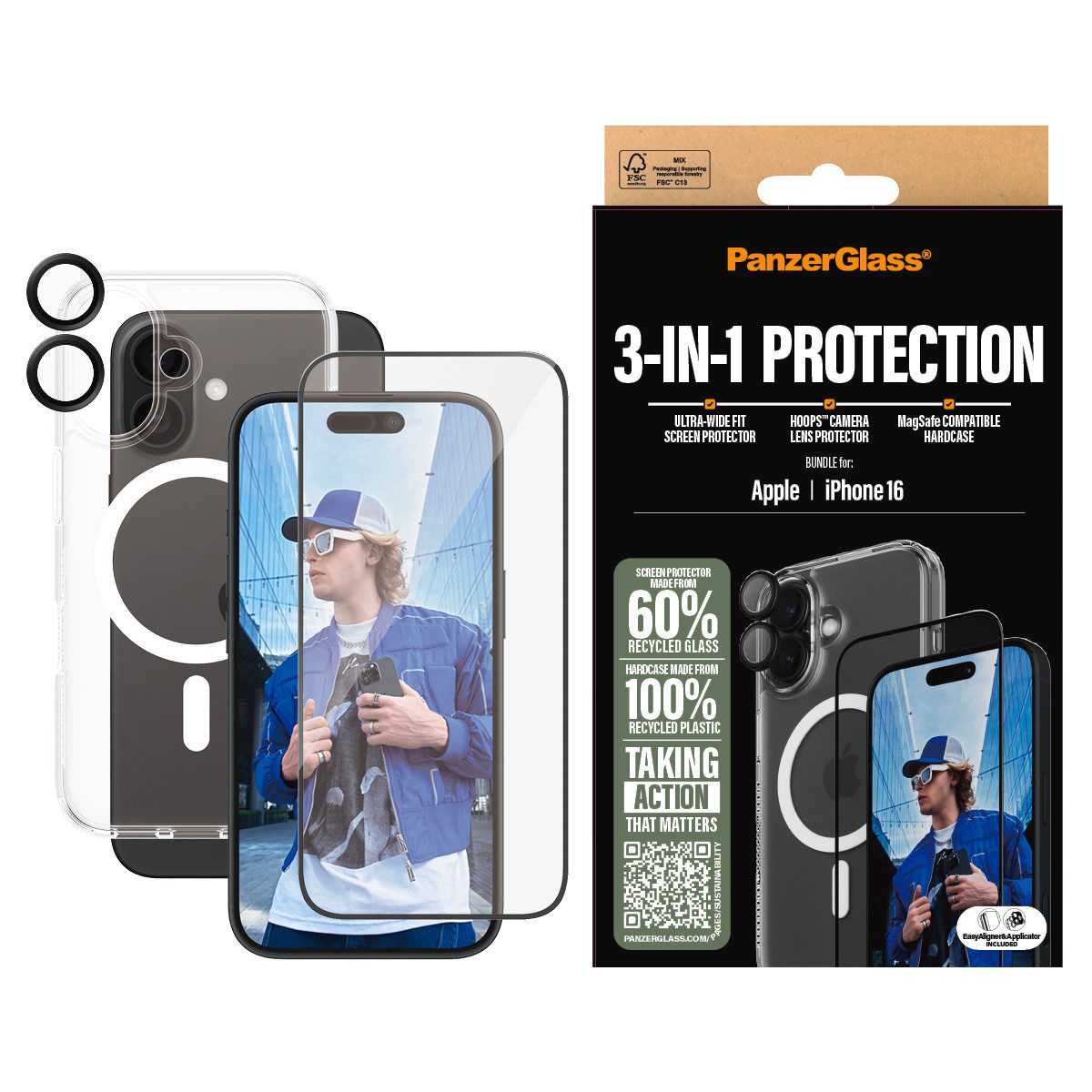 PanzerGlass Displayschutzglas 3-in-1 Protection für Apple iPhone 16, Set, 3 Stück, Displayschutzfolie, Set, Kameraglas, Cover, MagSafe, kratz- & stoßfest