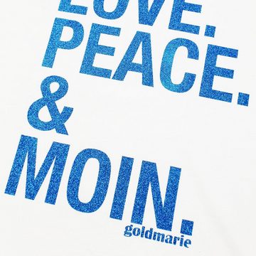 goldmarie T-Shirt LOVE PEACE MOIN Shirt Uschi weiß blau mit Glitzer Baumwolle