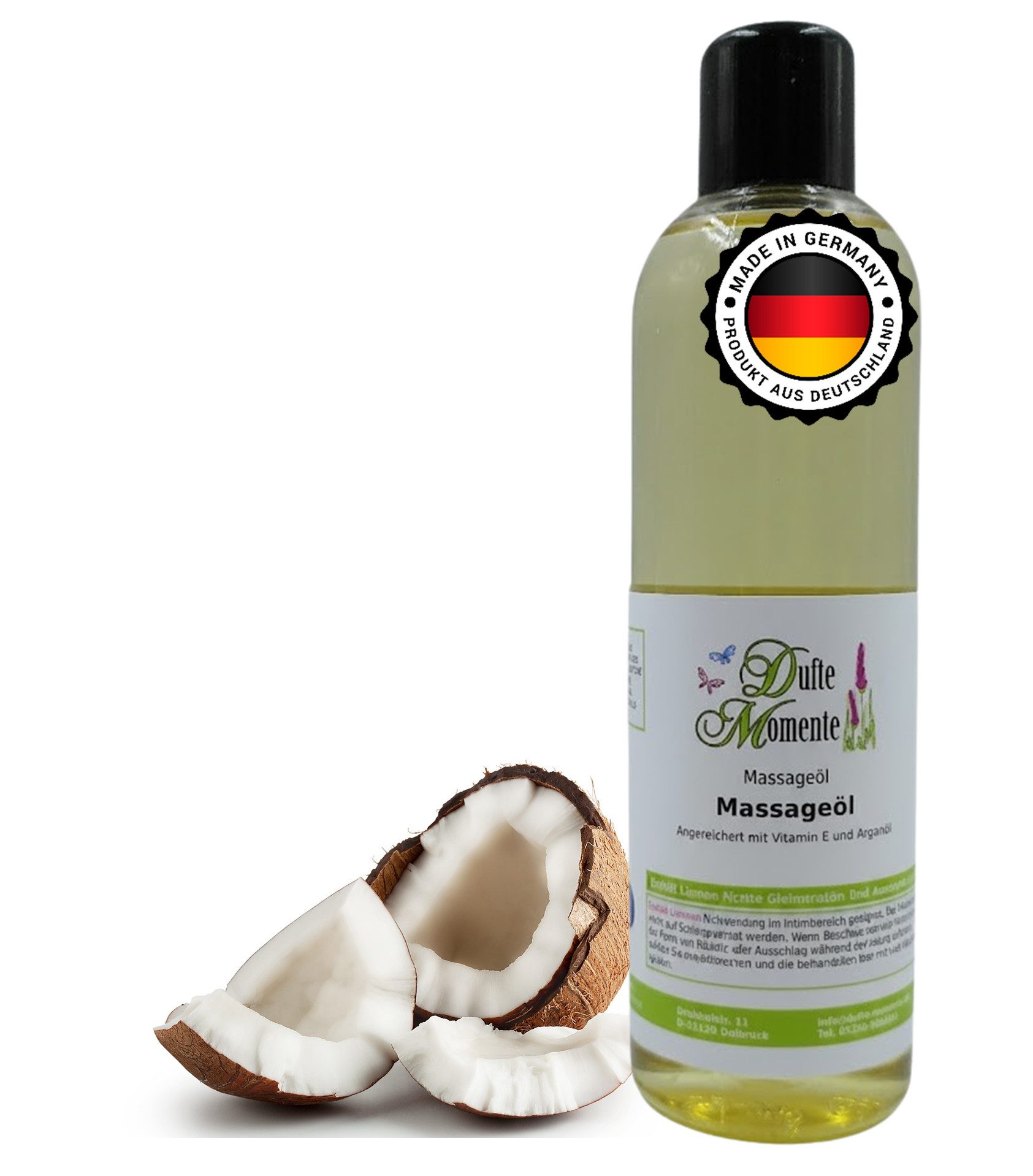 Dufte Momente Massageöl Kokos 250ml - 3 L, hochwertige Pflanzenöle als Basis, vegan und ohne Tierversuche