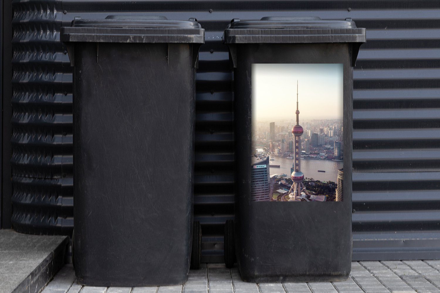 Wandsticker Shanghai (1 des Tower in MuchoWow Pearl Mülleimer-aufkleber, Luftaufnahme Abfalbehälter Container, St), Mülltonne, Sticker, Oriental