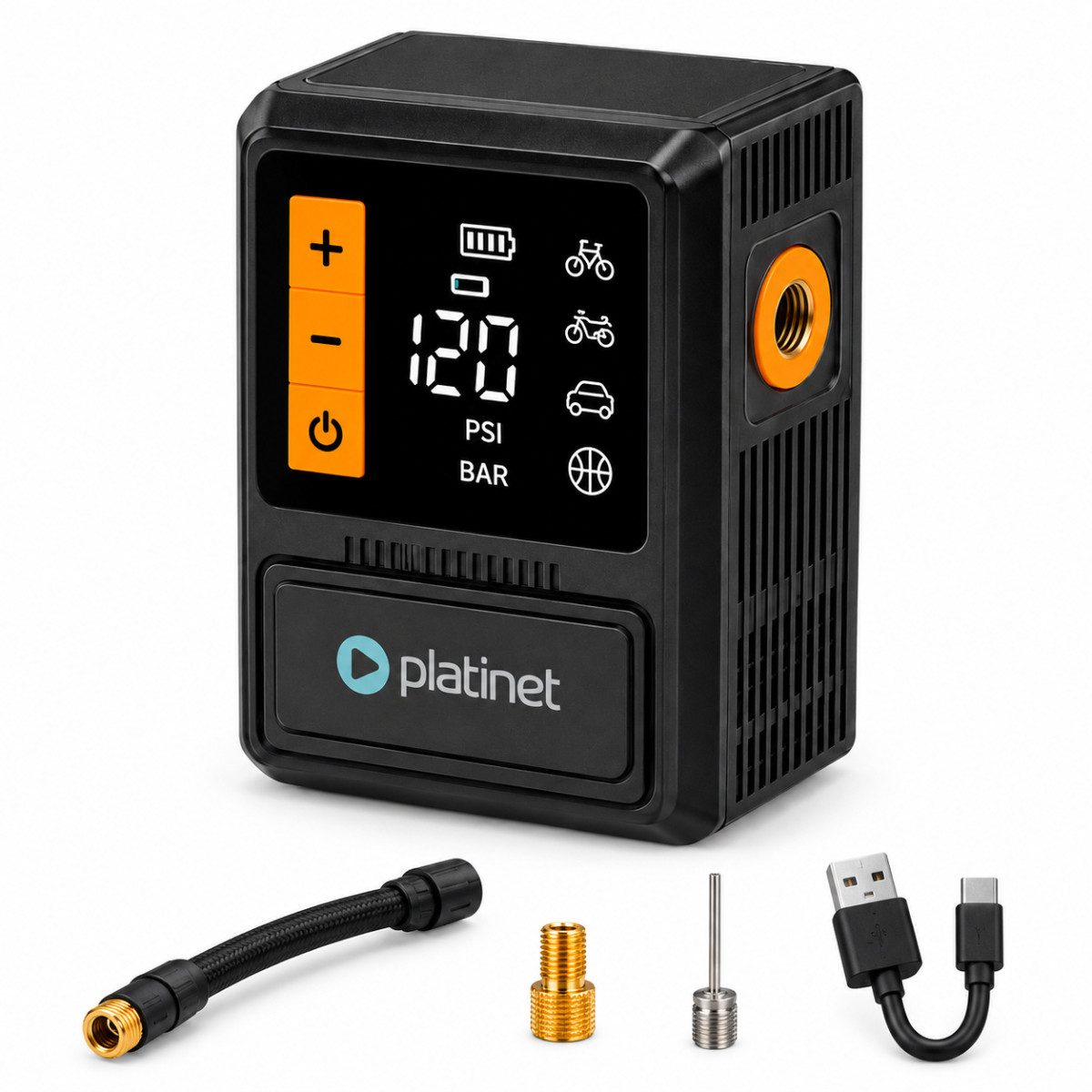 Platinet Akku-Luftpumpe PTC70 (Mini-Pumpe mit Schlauch, Presta-Adapter, Ballnadel und USB-C-Kabel), 70 W, 1200 mAh, 120 PSI, 15 l/min, USB-C, Digitaldisplay
