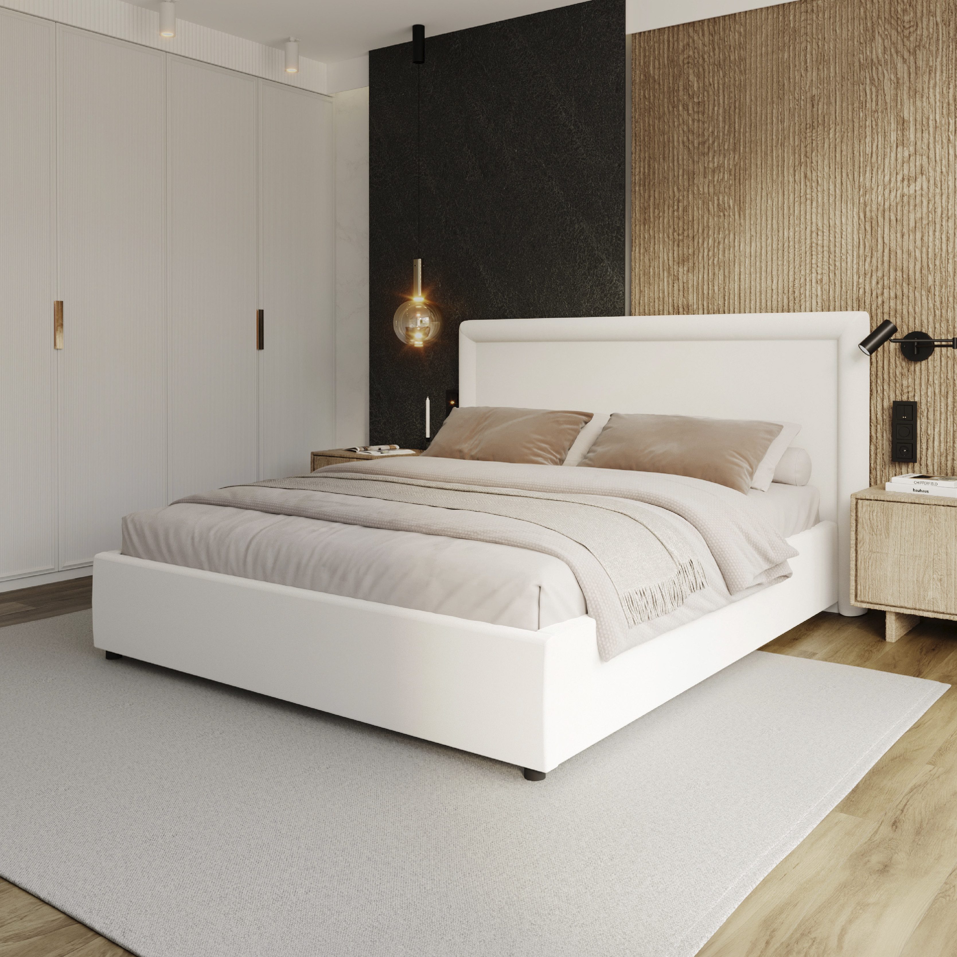 FDM Polsterbett BUSCA PARIS (verfügbar 90x200 120x200 140x200 160x200 180x200cm, Bettrahmen, Bett, mit großen gepolsterten Kopfteil, mit Bettkasten zum aufklappen), Hebbarer Metallrahmen, Bettkasten, mit/ohne Matratze