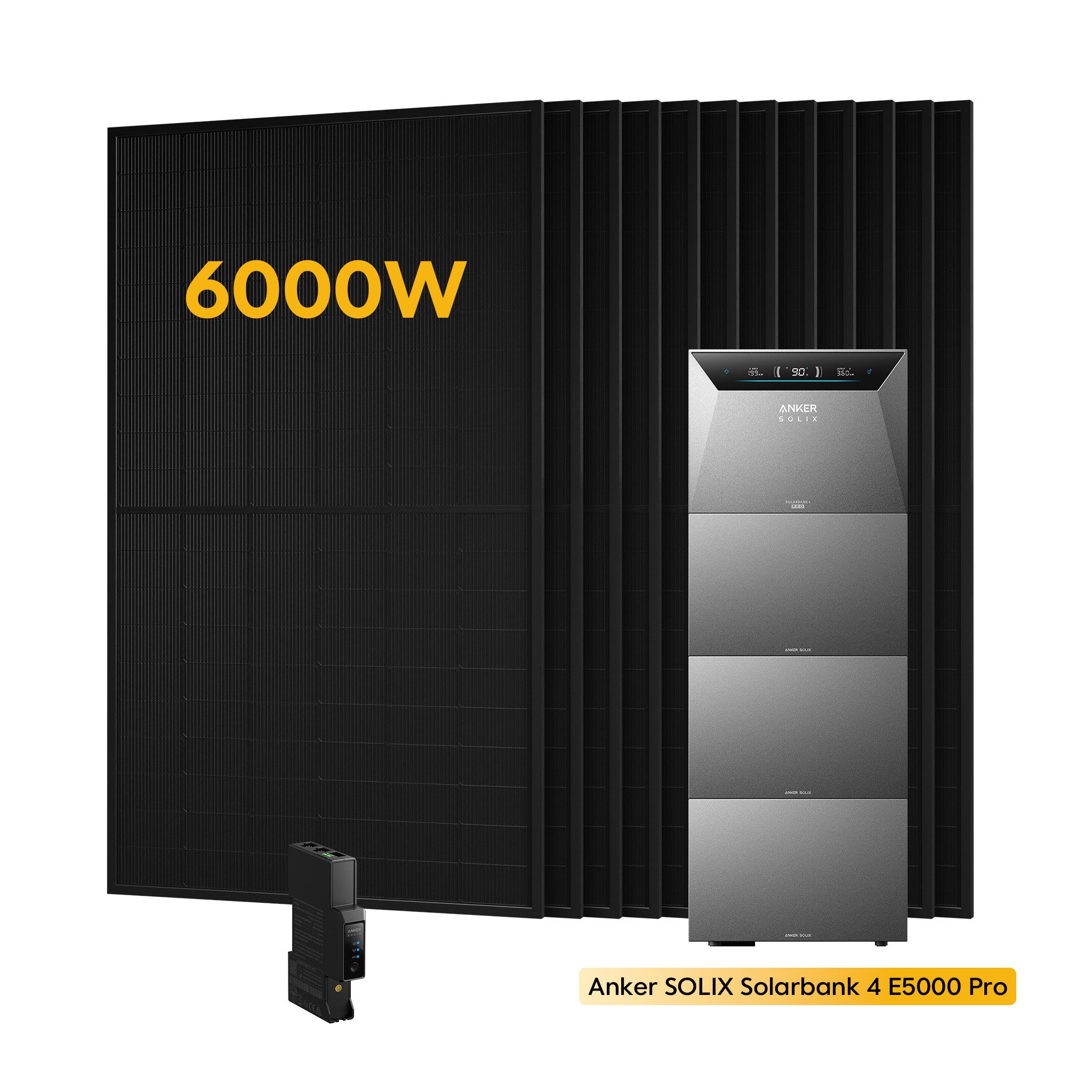 Anker Balkonkraftwerk 6000W Anker SOLIX Solarbank 4 E5000 Pro All-in-One Stromspeicher, (Optional: 0-5 × Anker BP5000 Erweiterungsakku, inkl. Anker Smart Meter Gen 2 und 12 x Sunpro 500W Solarmodule), PV Speicher mit Notstromfunktion