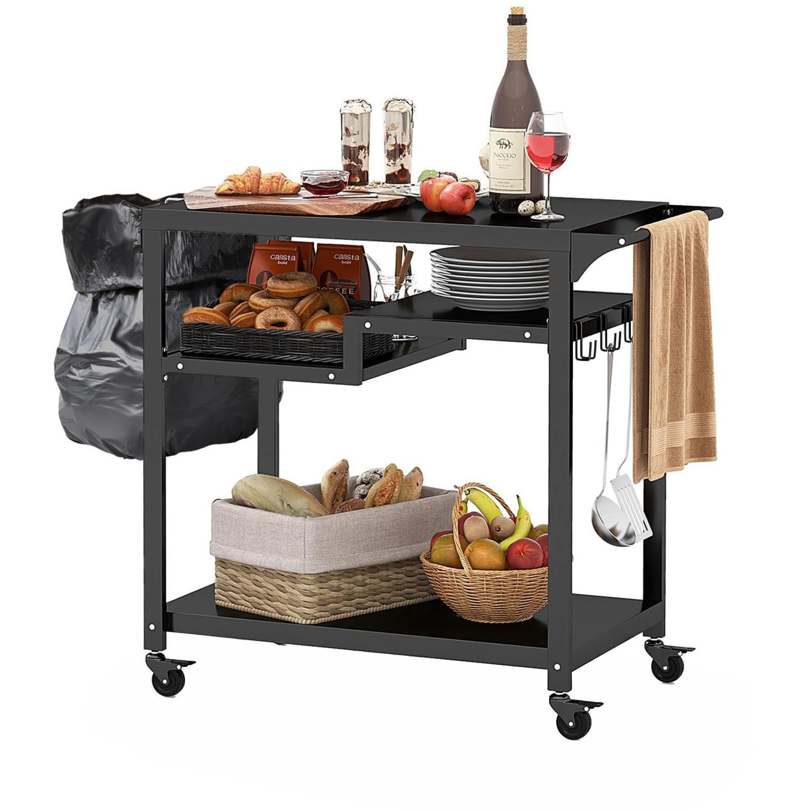 KOMFOTTEU Servierwagen Grillwagen, 4 Ablagen, Haken & Rollen