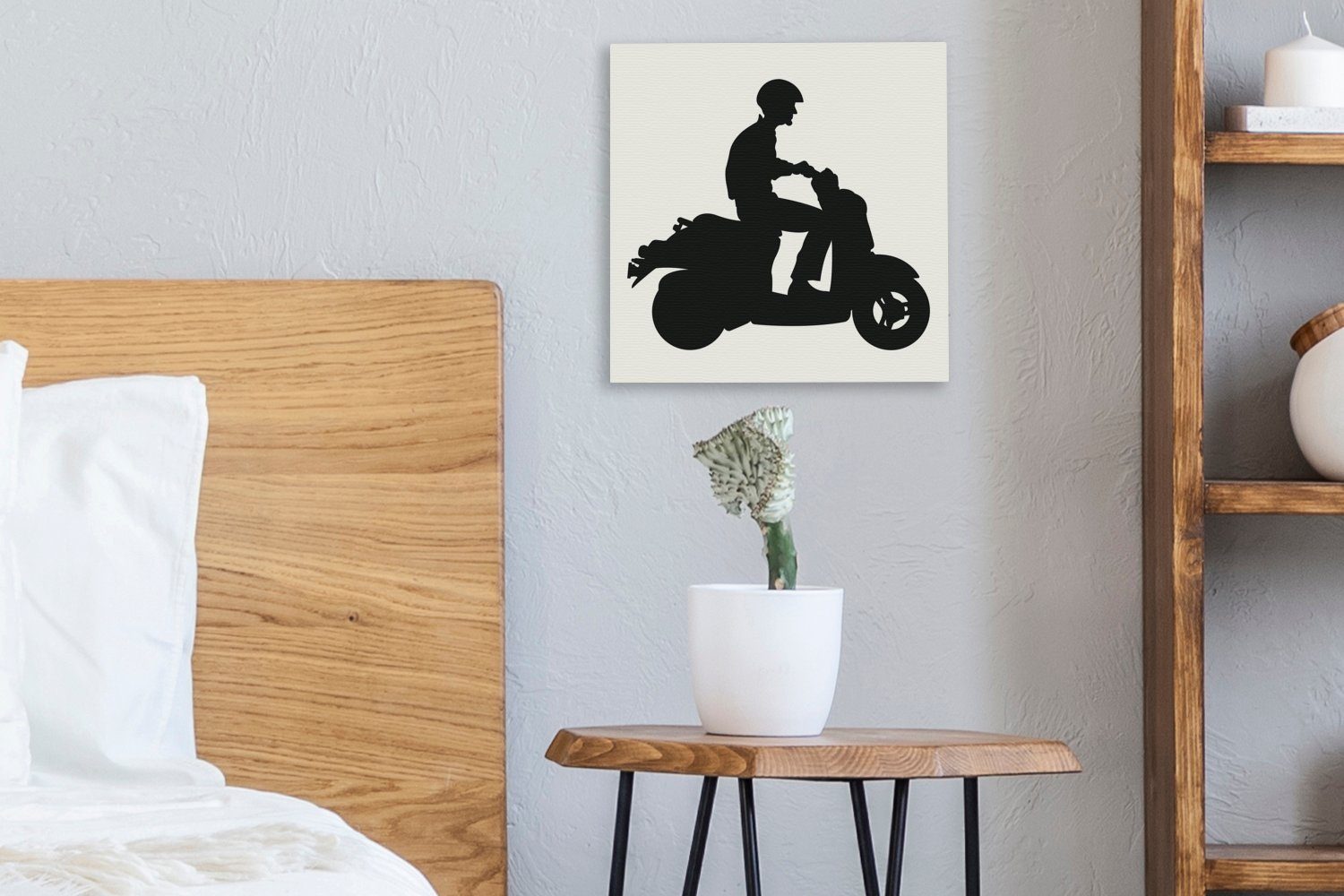 einem für auf Motorroller (1 Bilder einer schwarz-weiß, Leinwand in Schlafzimmer St), Illustration Wohnzimmer Leinwandbild Person OneMillionCanvasses®