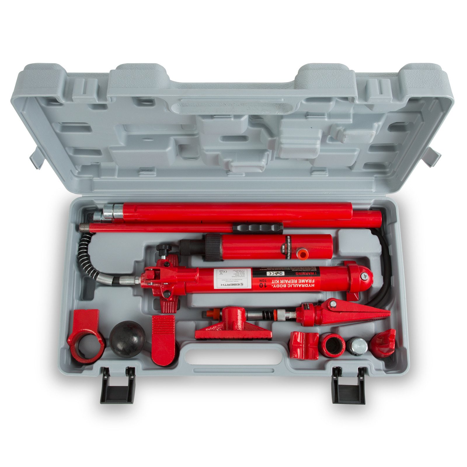 EBERTH Werkstattpresse Karosseriepresse Hydraulisch mit 10T Leistung, max. 10 in t, 7 Druckstücke, Spreizer, Koffer, Professionelles KFZ-Werkzeug