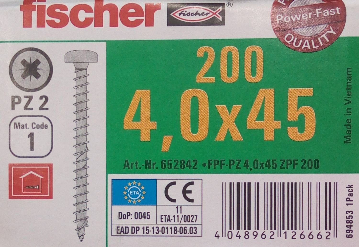 Fischer Befestigungstechnik Schraube 200x verzinkt 4,5 x (200 Holzschraube 45 fischer PZ2 St) V, Spanplattenschrauben