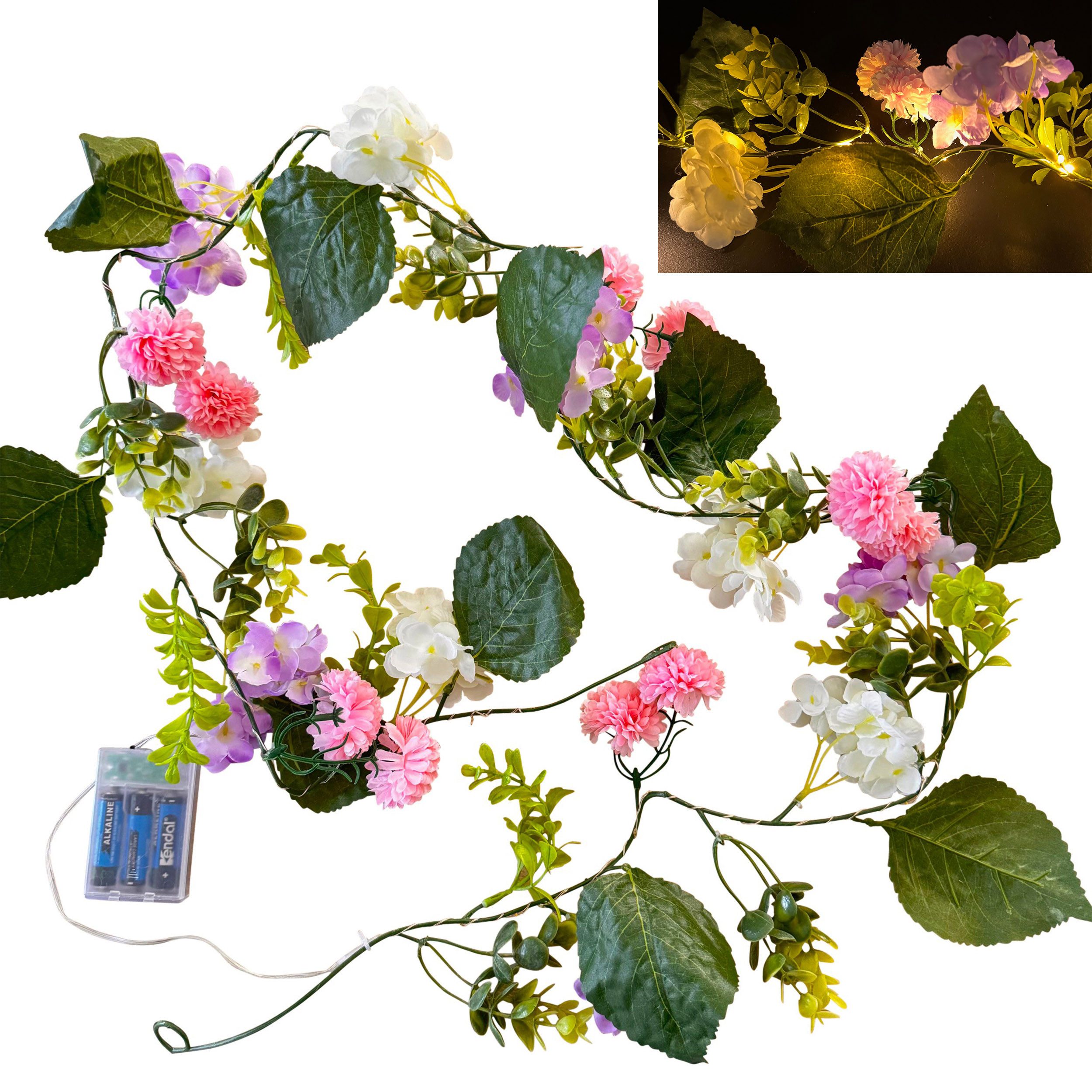 Kunstgirlande mit künstlichen Blumen, und LED-Lichterkette - Frühlingsdeko günstig online kaufen