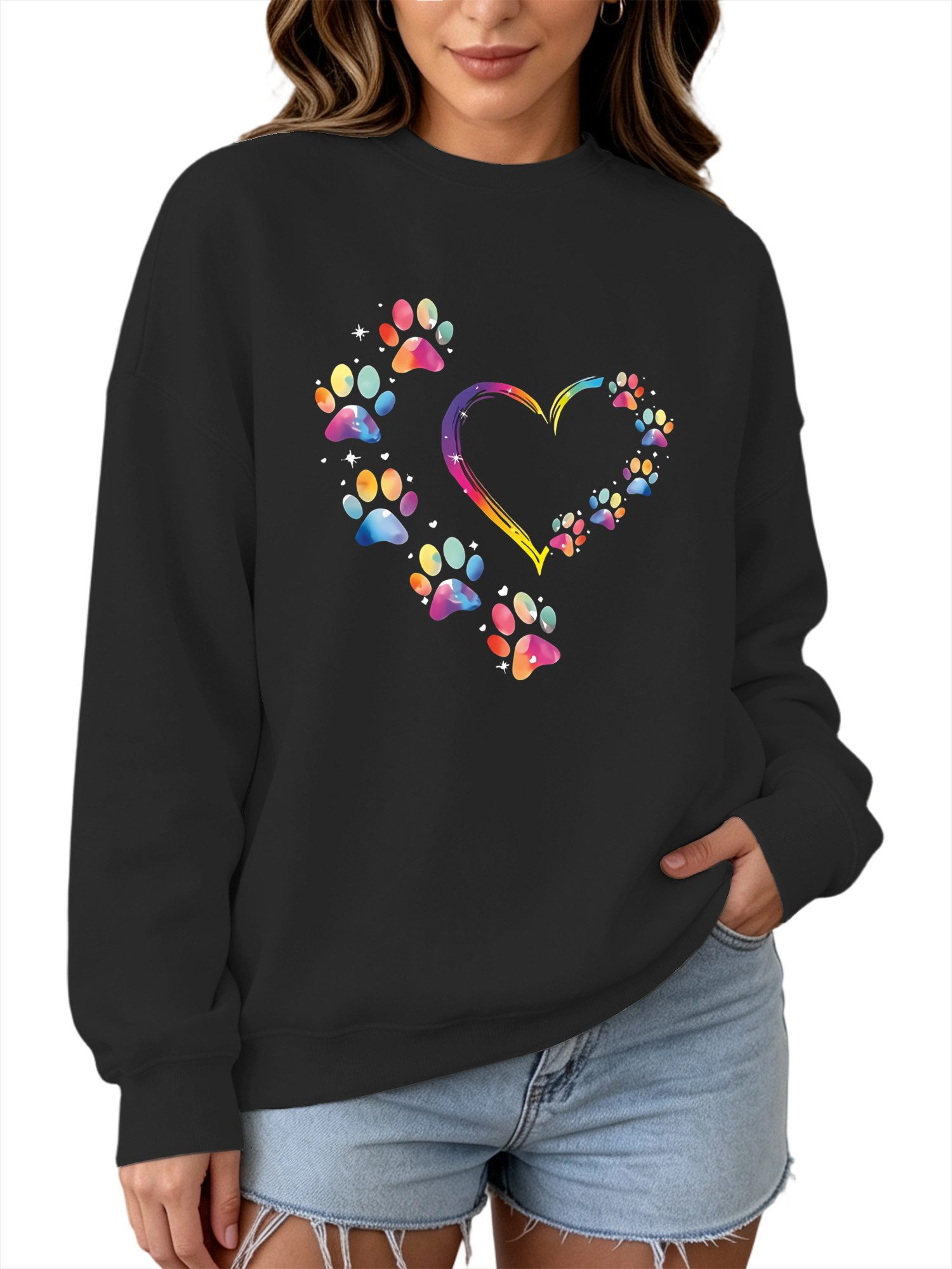 PYLIKE Sweatshirt Damen Rundhals Sweatshirt mit Print, Lockerer Langarm Fleecepullover Bequem für Herbst & Winter