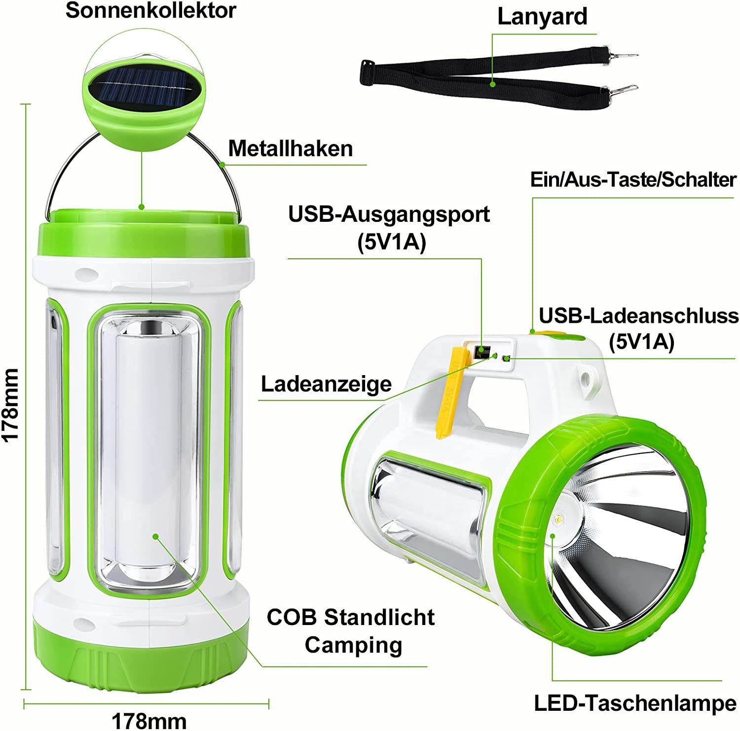 Solar LED Camping Lampe grün mit LED LED Taschenlampe GelldG USB-Ladegerät Campinglampe,