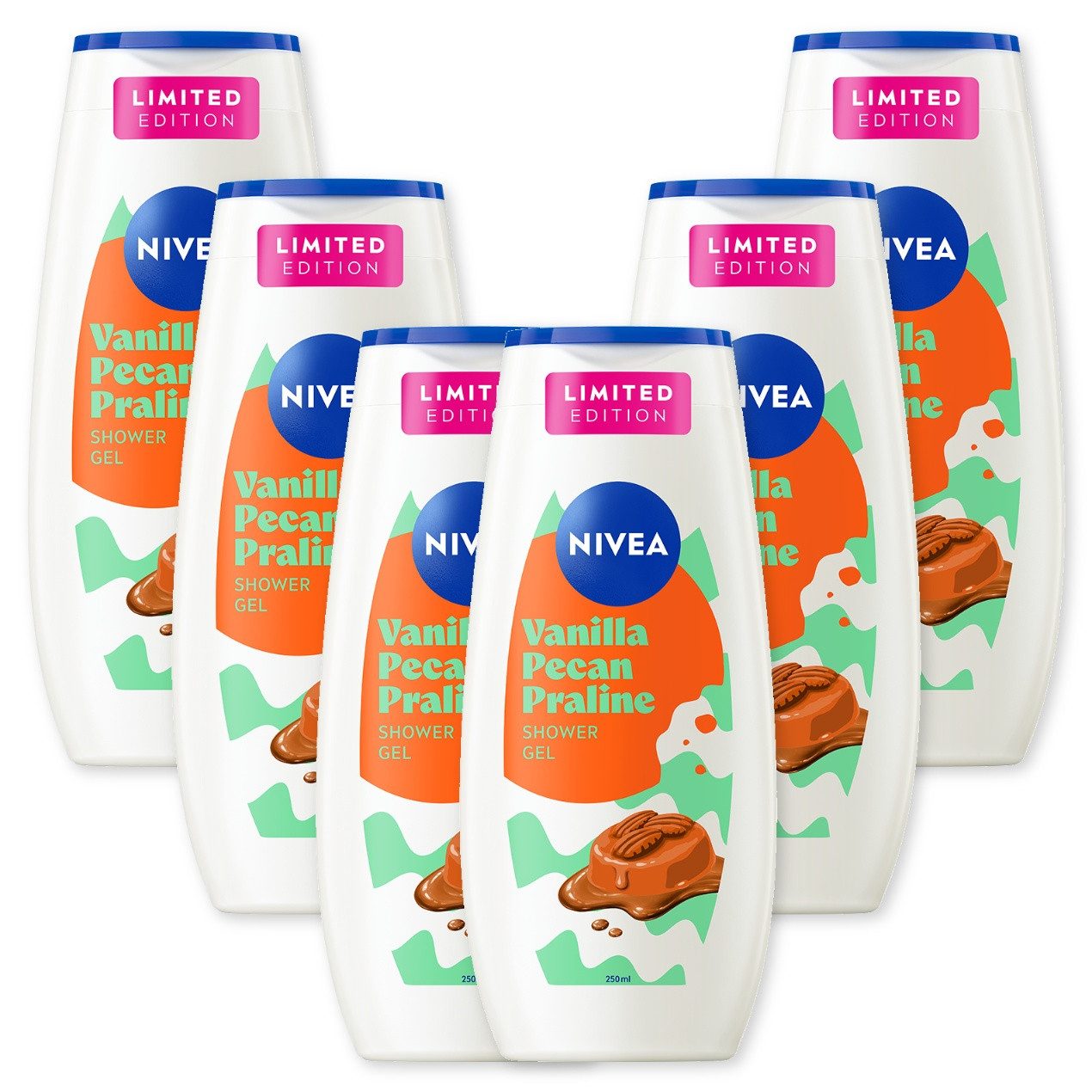 Nivea Duschgel Dusche Vanilla Pecan Praline 6x250ml vegan Limited Edition, 6-tlg., Duschgel für den täglichen Gebrauch