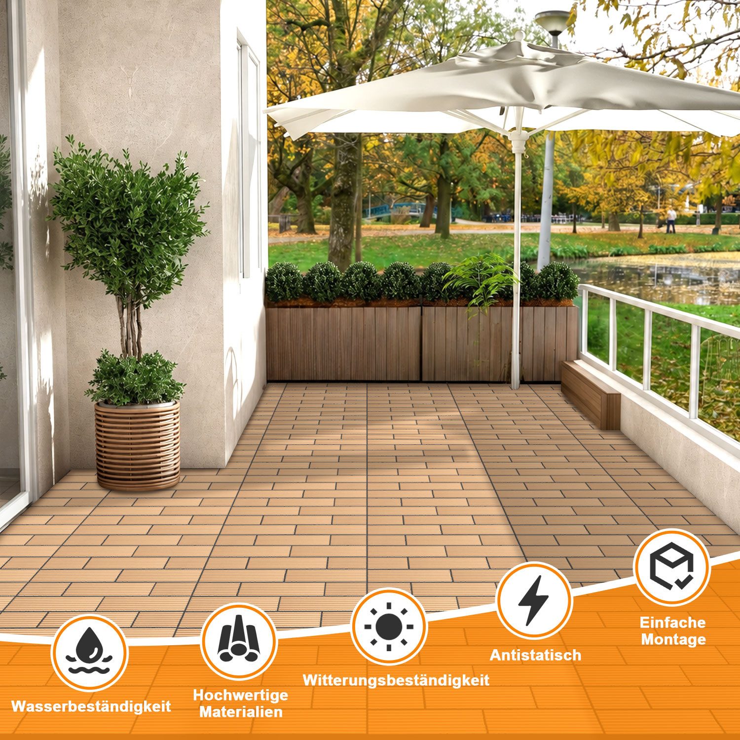 Clanmacy Terrassendielen WPC Terrassenfliesen in Holzoptik 12 Latten mit Drainagensystem Balkon, (6-St)