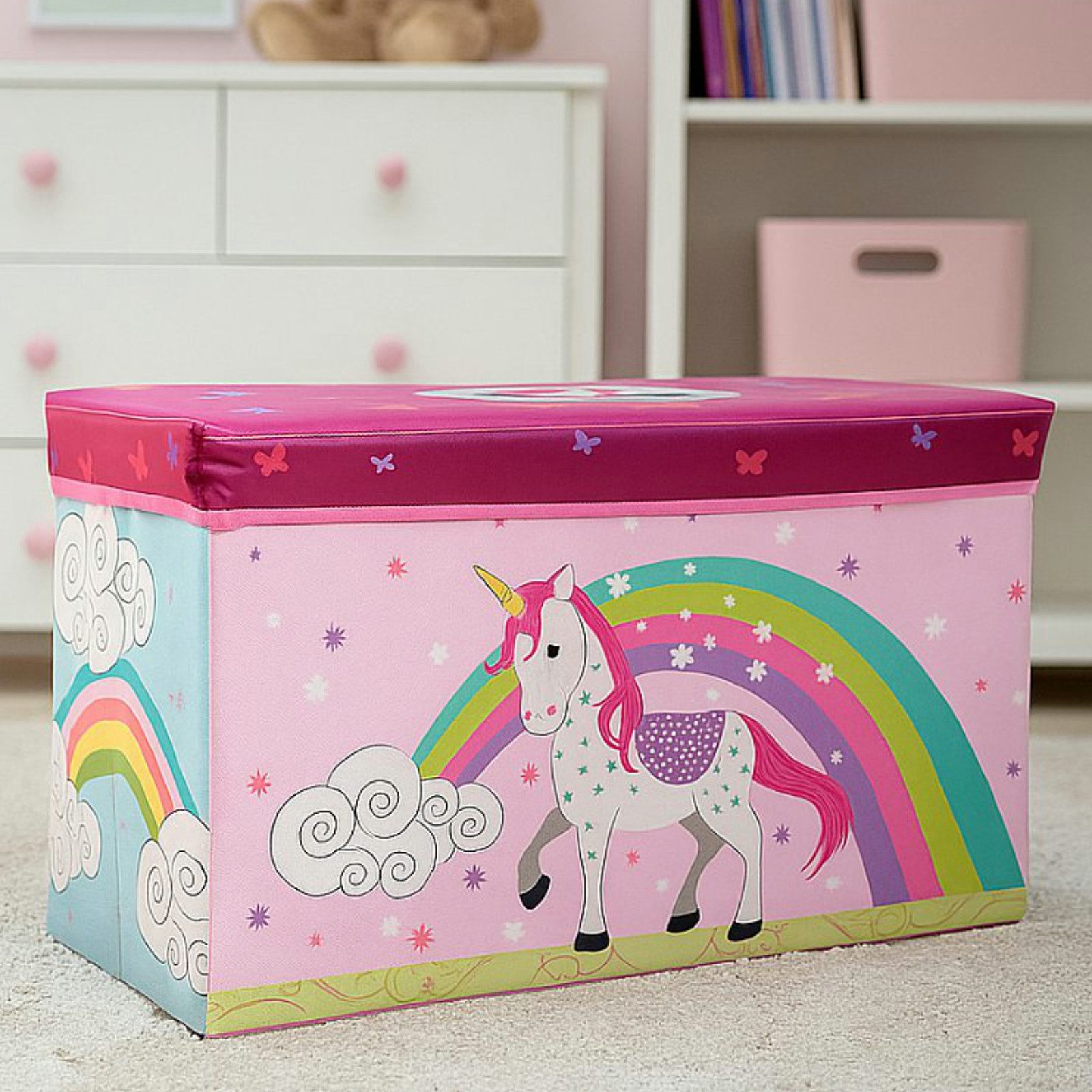 Koopman Aufbewahrungsbox Spielzeugkiste Sitzkiste Kindermöbel Rosa Einhorn 60L 60x30x35cm (1 St), Mädchen, gepolsterter Deckel, Aufbewahrungskiste, Sitzfunktion