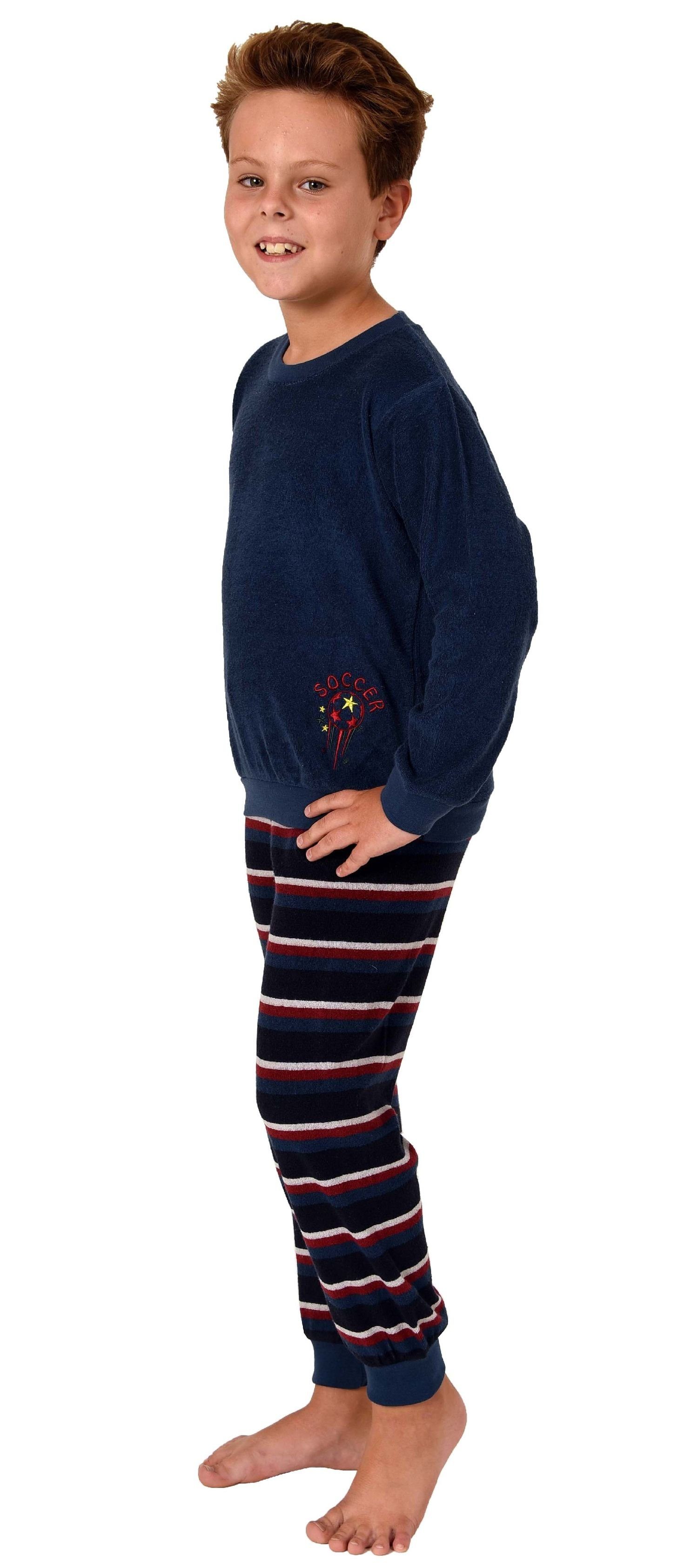 und Motiv Bündchen Frottee mit langarm Pyjama Soccer blau Jungen Pyjama Fussball Normann