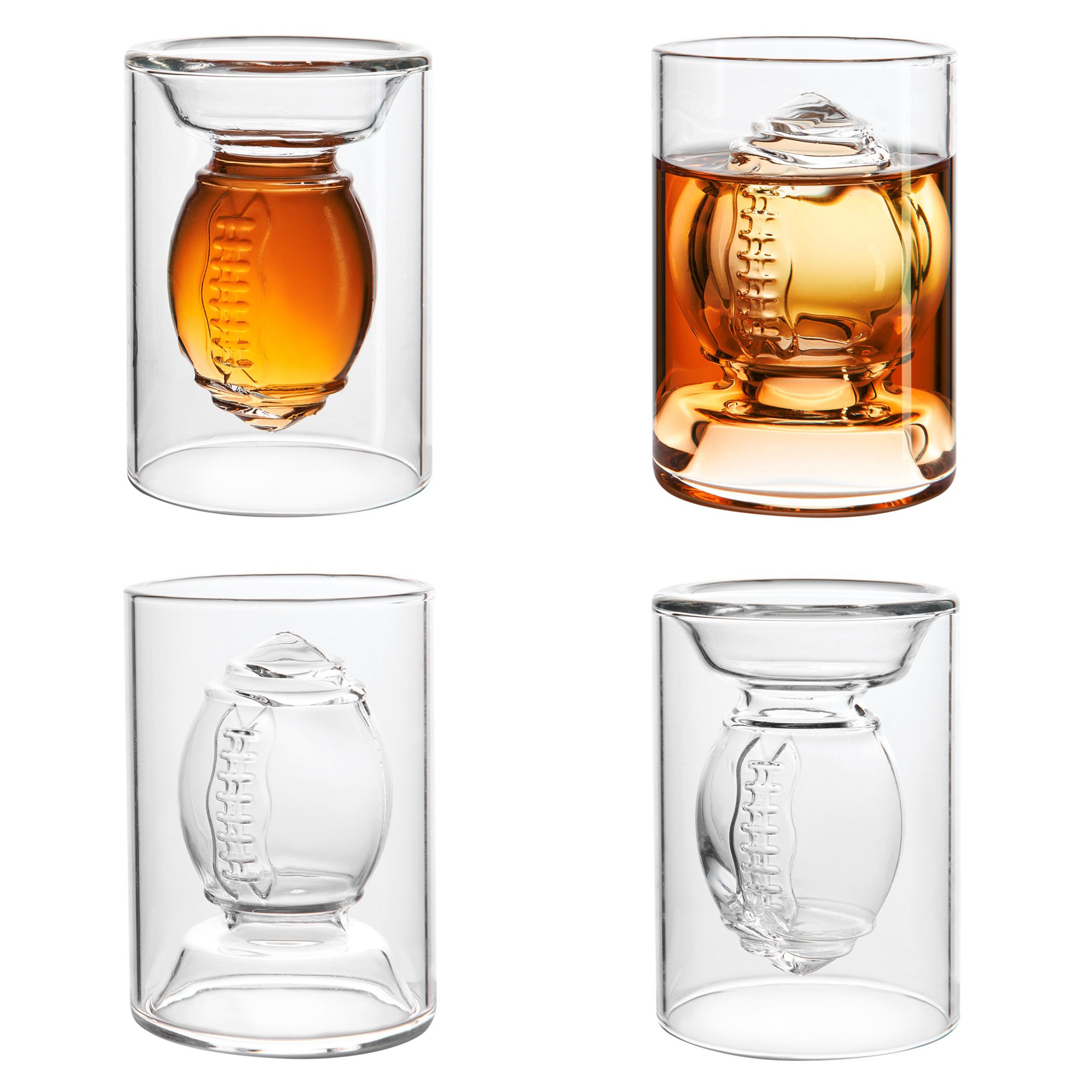 40YARDS Schnapsglas American Football Shotgläser / Trinkgläser / Бокалы для эспрессо (4 Stück), Borosilikatglas, Beidseitig befüllbar: 2 cl und 4 cl Volumen