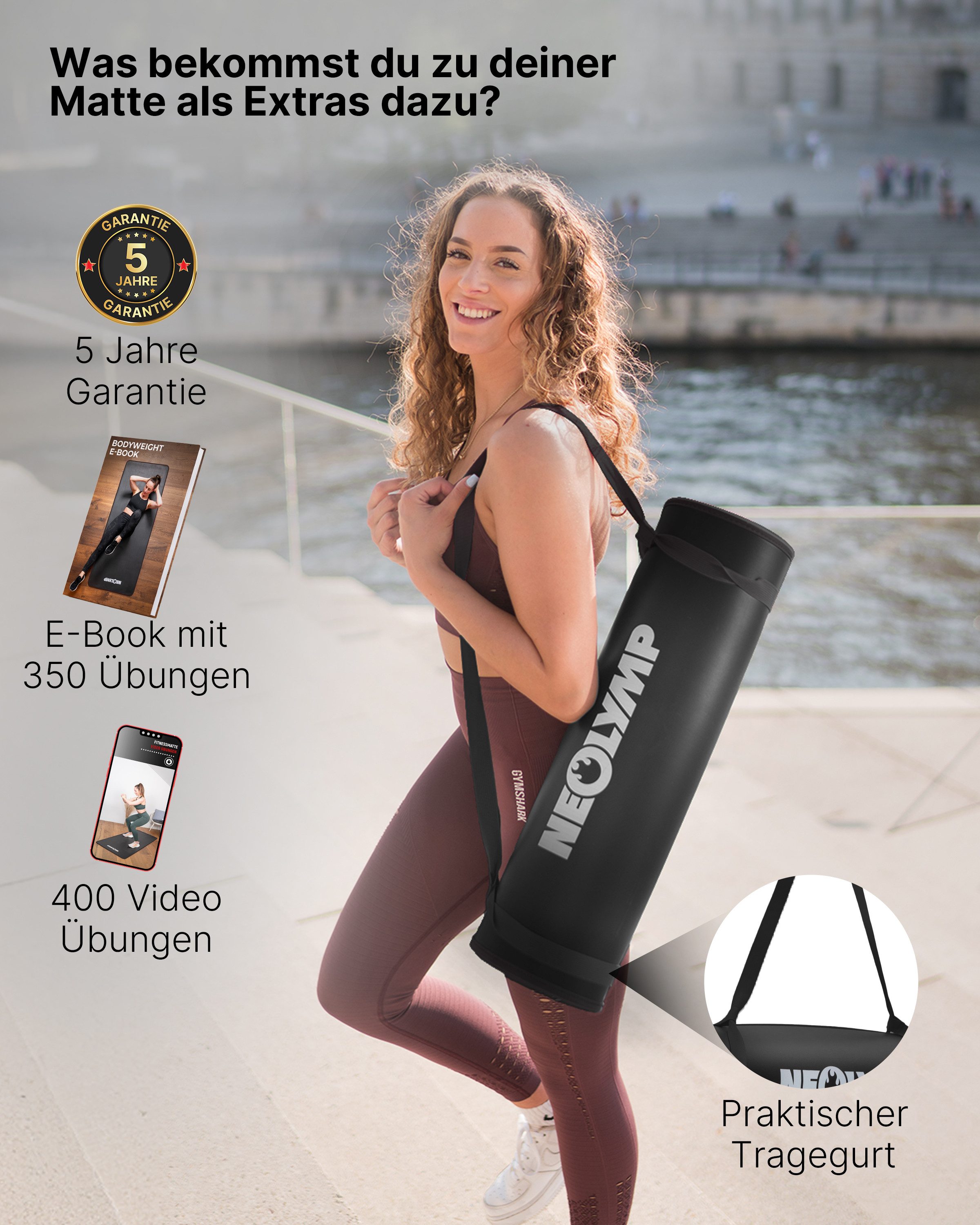 NEOLYMP Fitnessmatte (Yogamatte mit Tragegurt inklusive Trainingsbuch mit Übungseinheiten)