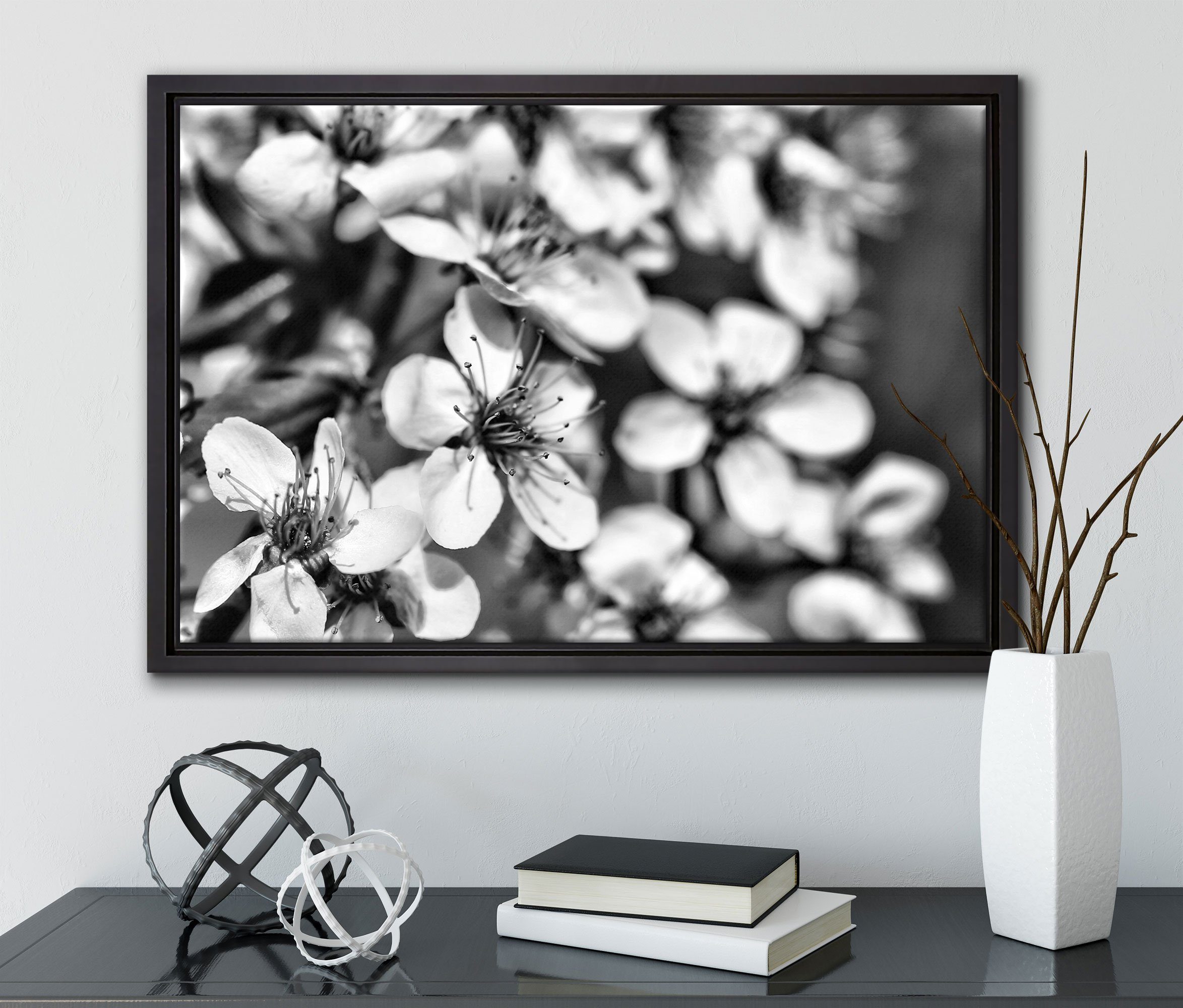 Pixxprint Leinwandbild Kirschblüten Retro, einem gefasst, bespannt, Schattenfugen-Bilderrahmen inkl. fertig in Wanddekoration Zackenaufhänger Leinwandbild (1 St)