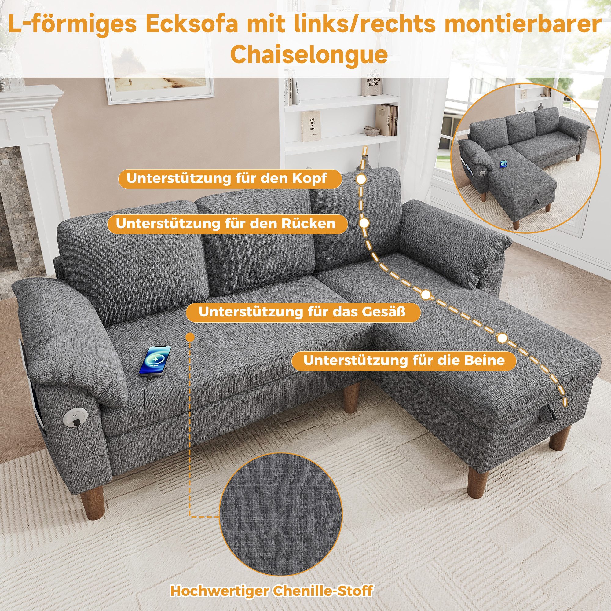 Merax Ecksofa L-förmiges Sofa mit Stauraum-Chaiselongue, links oder rechts montierbar, Couch, Schlafsofa 1 Teile, 3-Sitzer-Sofa mit USB & Type-C Ladeanschluss,  – Bild 5 von 5