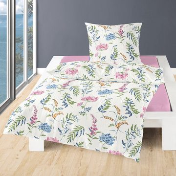 Bettwäsche Baumwolle, Traumschloss, Seersucker, 2 teilig, bunte Blüten und Zweige auf weißem Hintergrund