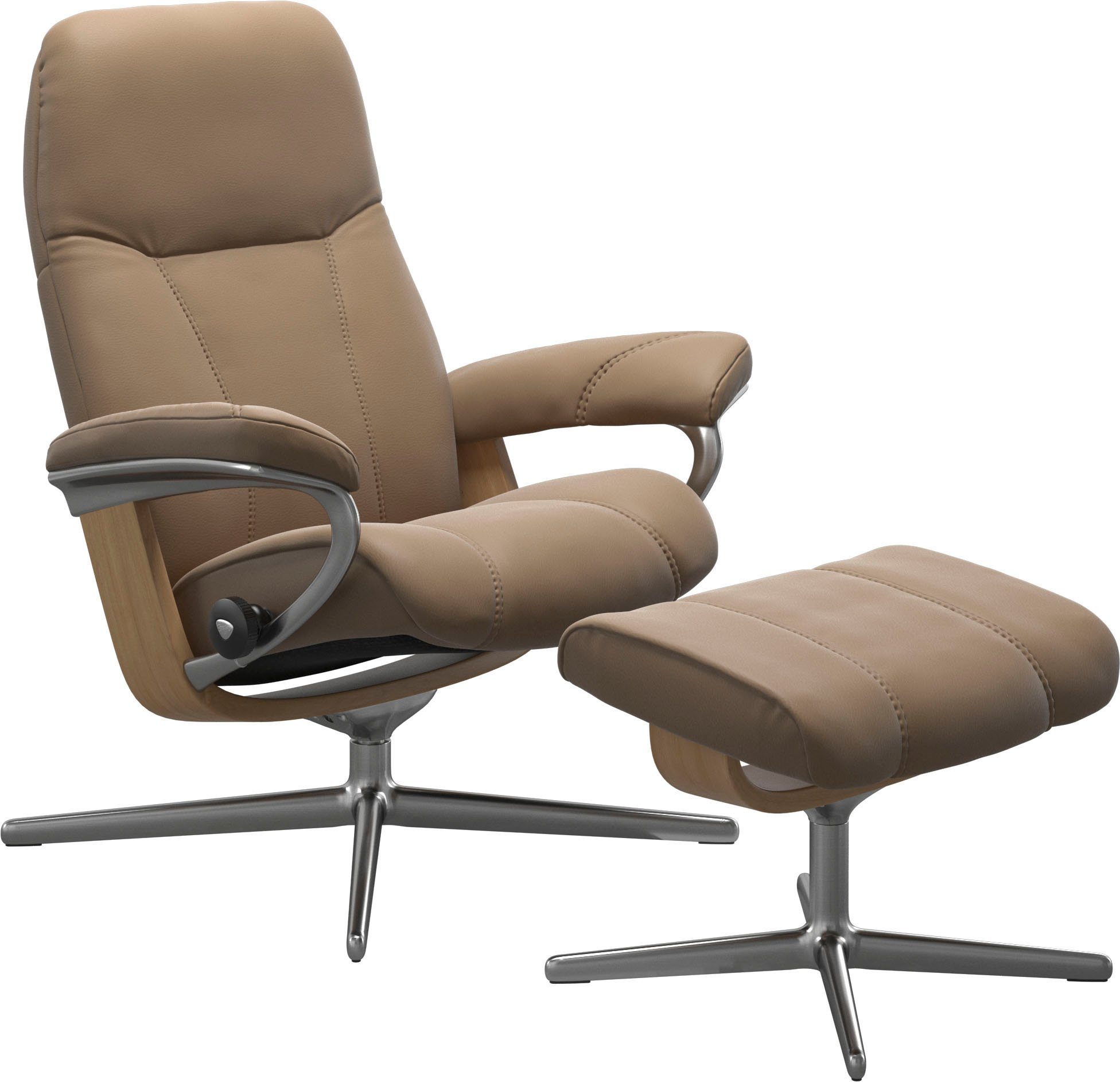 Base, Consul Stressless® (Set, Relaxsessel mit M & mit Eiche Hocker, Größe Relaxsessel S, Cross mit Hocker), L, Holzakzent