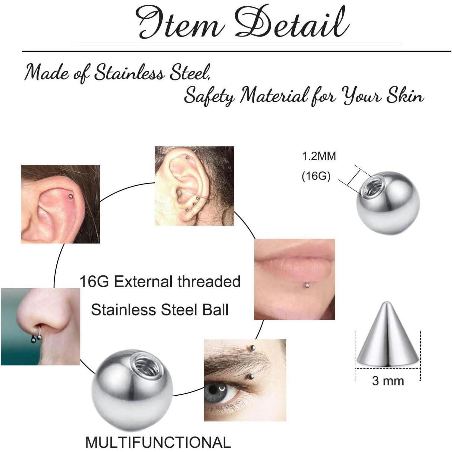 Besyvvin Piercing-Set 20er Piercing Kugel Set 1,2mm Chirurgenstahl 3mm Ersatzkugeln für