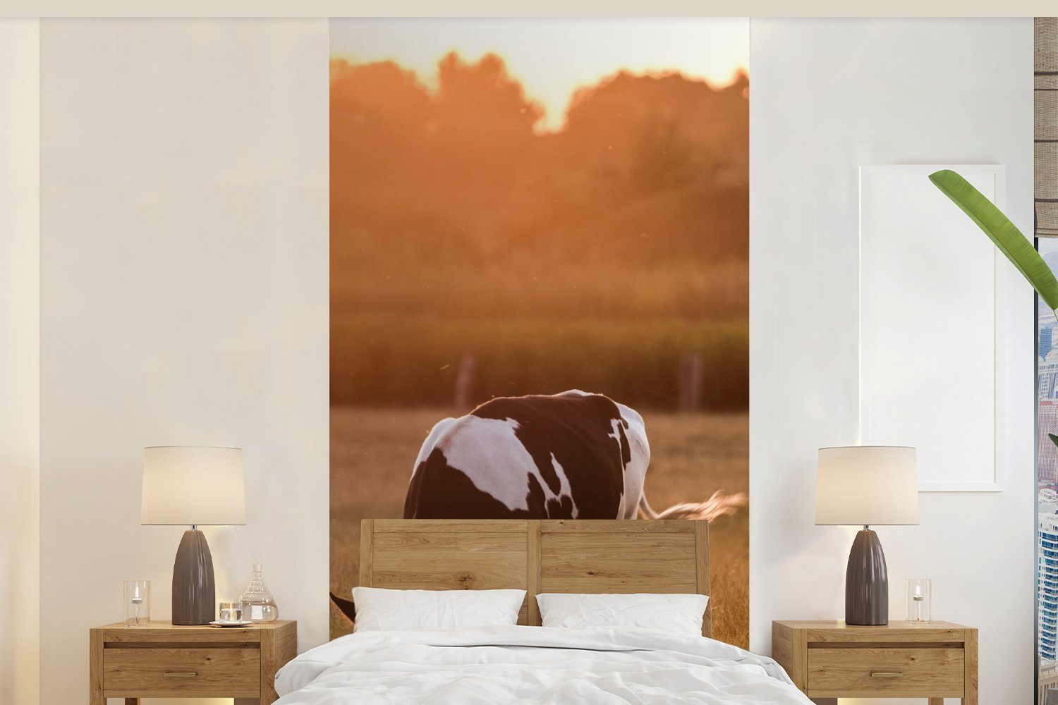 MuchoWow Fototapete Kuh - Sonne - Tiere, Matt, bedruckt, (2 St), Vliestapete für Wohnzimmer Schlafzimmer Küche, Fototapete