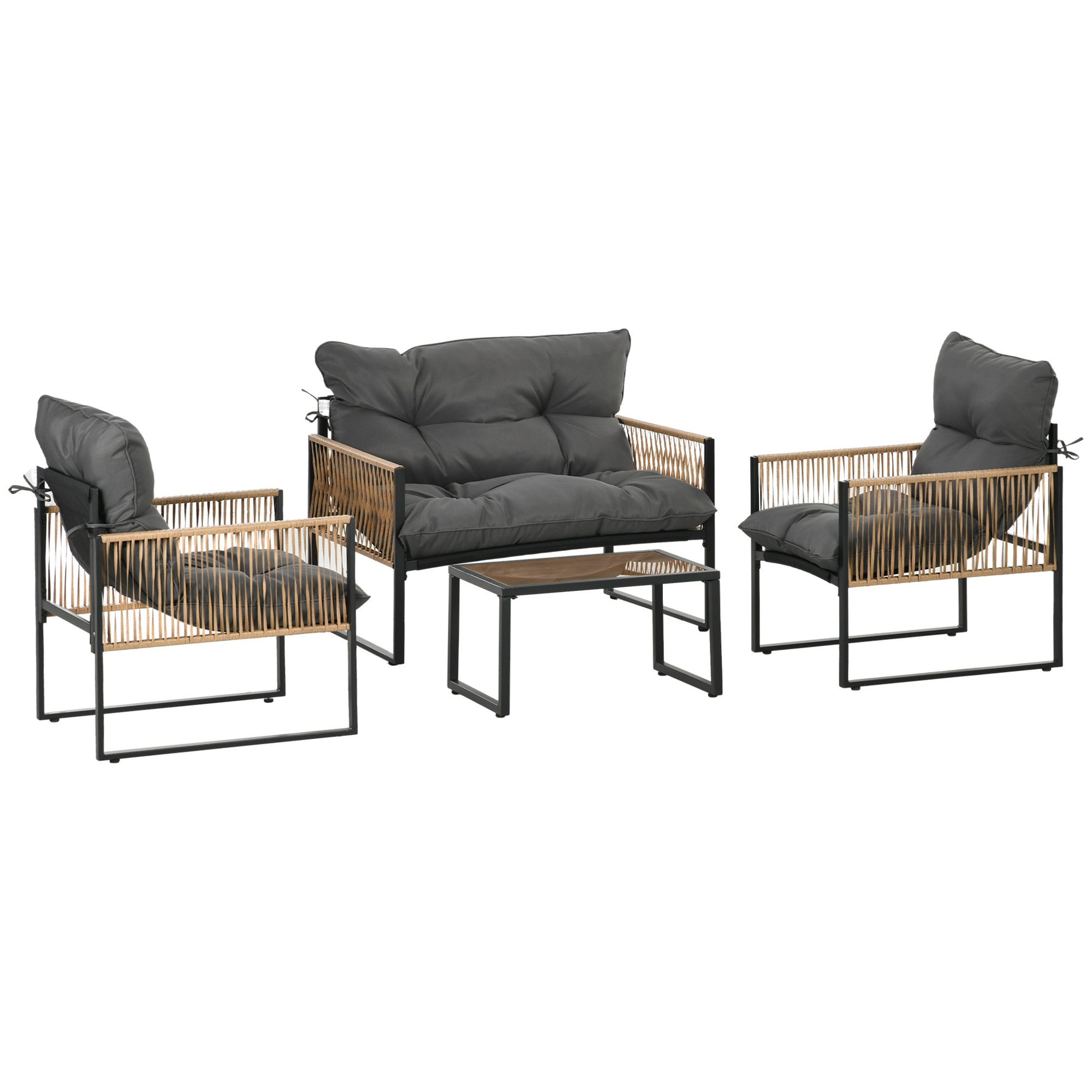 MC Star Gartenlounge-Set 4 tlg Rattan Gartenmöbel Set mit Kissen, Gartensitzgruppe, (1 Couchtisch aus Glas, 2 Sessel, 1 Doppelsofa, elegante Sitzgarnitur)