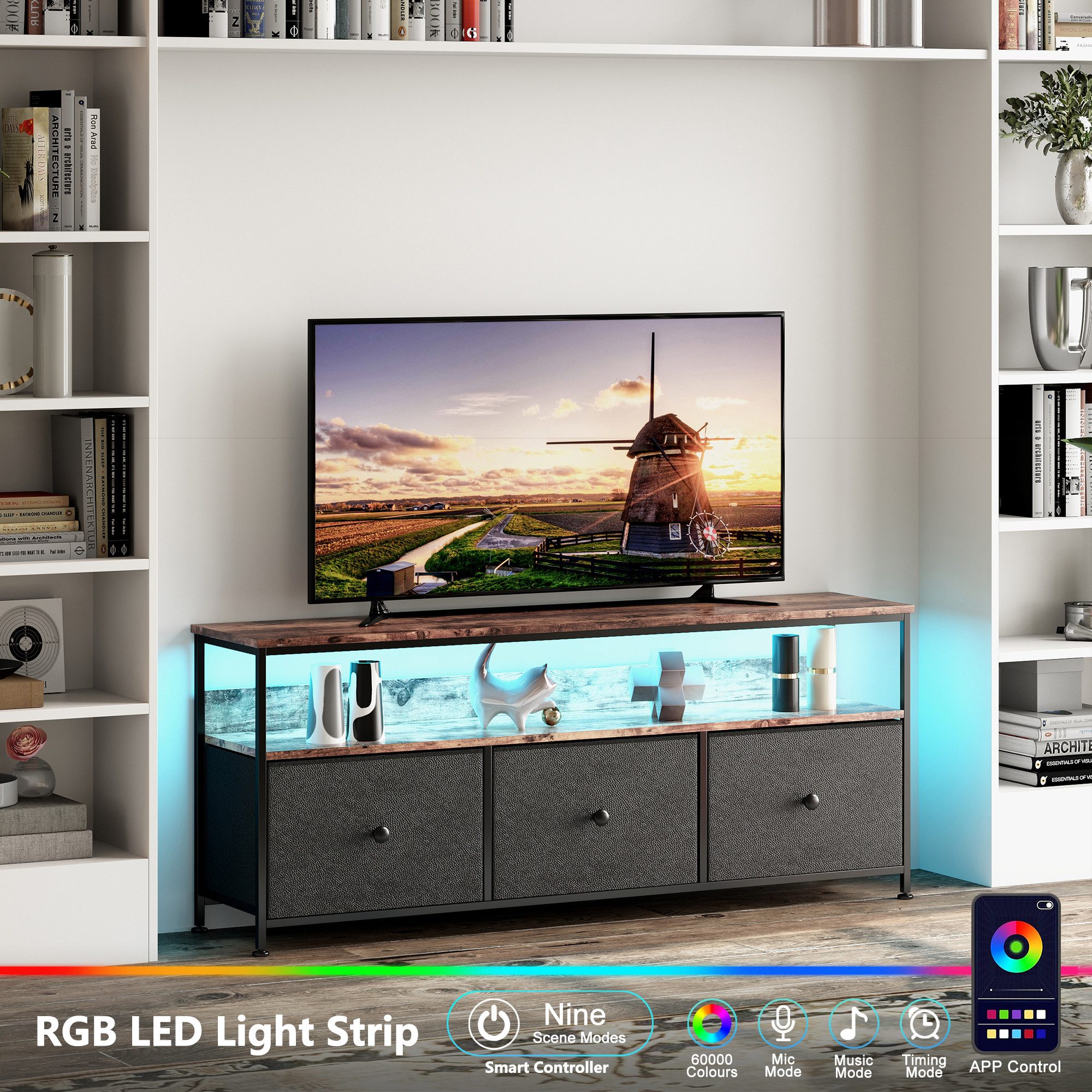 Simurq TV-Schrank Fernsehschrank mit LED-Beleuchtung (1-St., Mit Stoffschublade,Verstellbare LED) Metallrahmen, Robust,Montage einfach – Bild 3 von 5