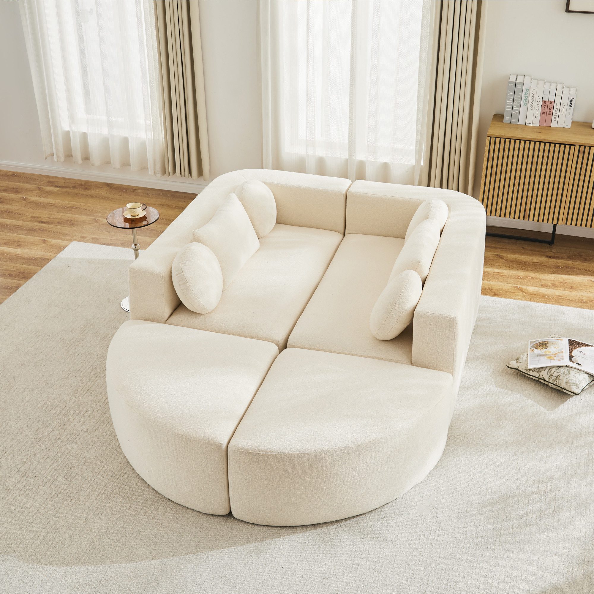 Flieks Sofa Modulare Ecksofa mit Schlaffunktion U-Form, keine Montage erforderlich 4 Teile, Multifunktional Schlafsofa Cloud Couch Chenillestoff Beige