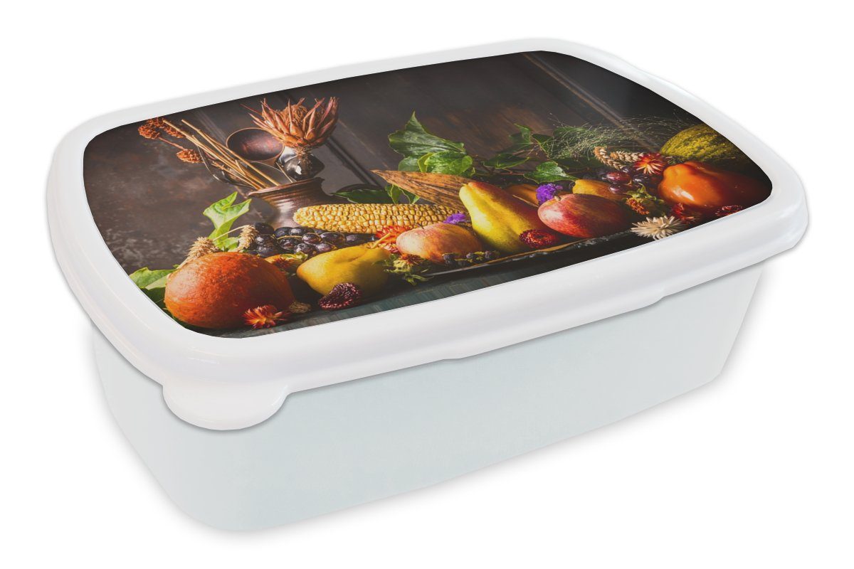 MuchoWow Lunchbox Gemüse - Obst - Rustikal - Tisch, Kunststoff, (2-tlg), Brotbox für Kinder und Erwachsene, Brotdose, für Jungs und Mädchen weiß