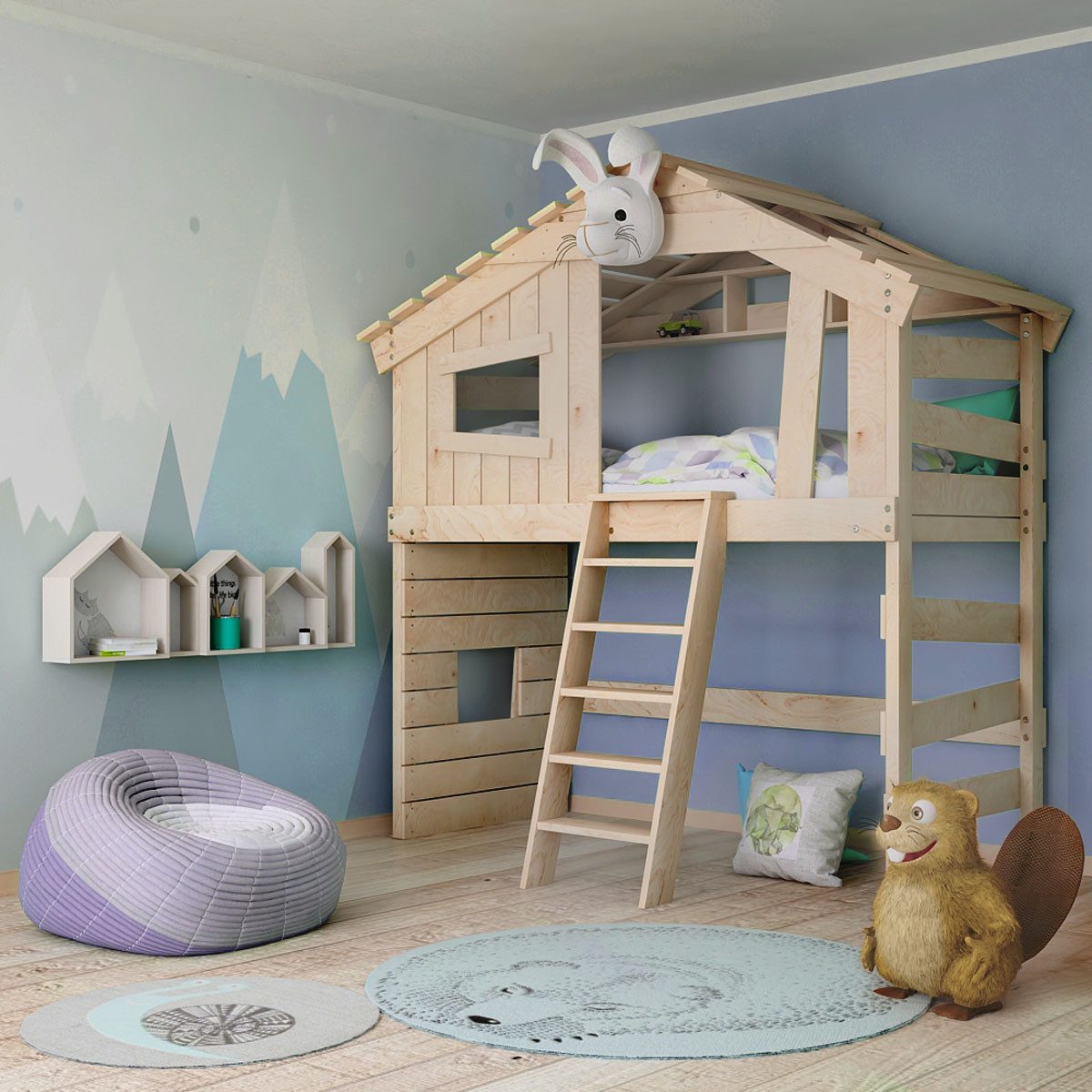 bibex Hochbett ALPIN CHALET Hochbett, Kinderbett, Etagenbett, Hausbett - natur 90x200