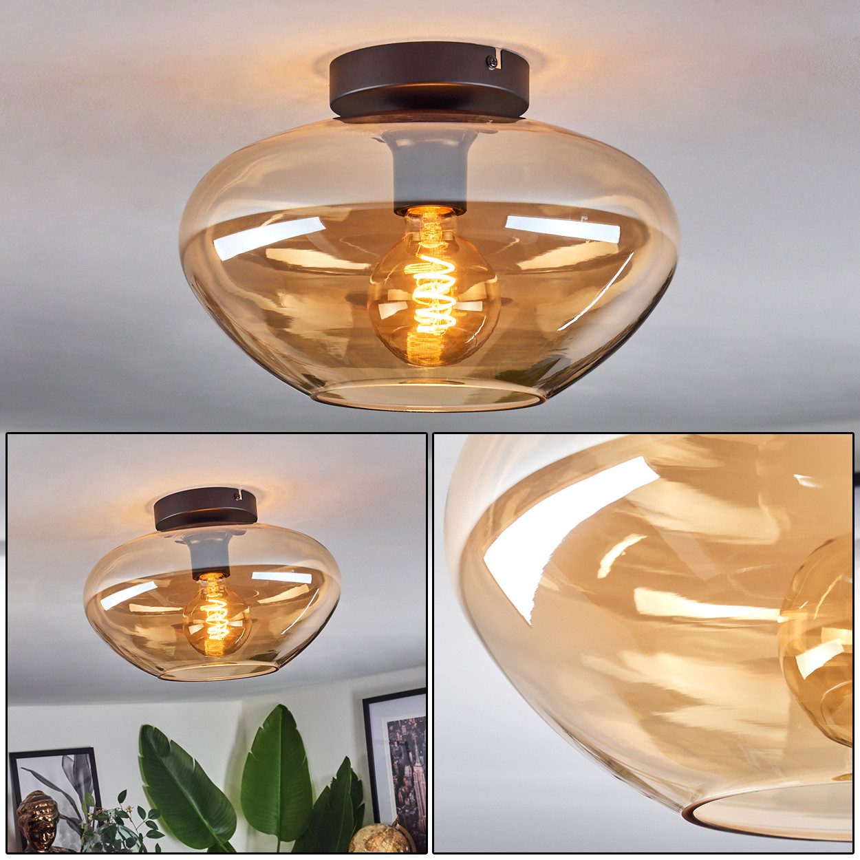 hofstein Deckenleuchte Deckenlampe aus Metall/Glas in Schwarz/Bernsteinfarben, ohne Leuchtmittel, moderne Retro/Vintage-Design Leuchte mit Glasschirm(30 cm), 1 x E27