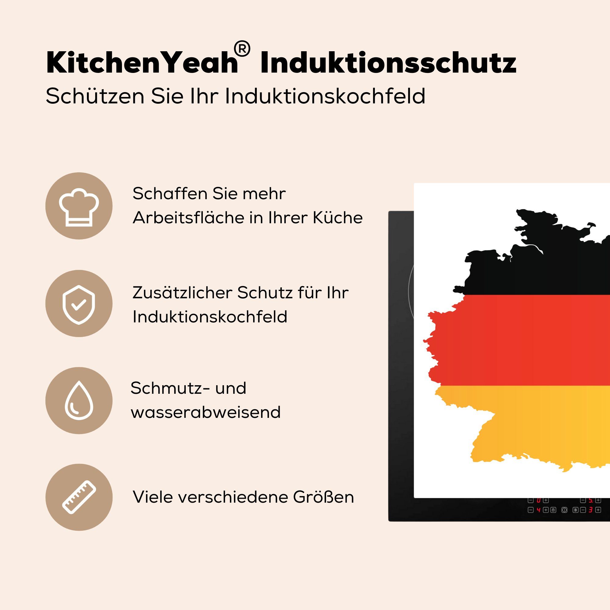 küche tlg), (1 Herdblende-/Abdeckplatte für Flagge, mit MuchoWow Deutschland von 78x78 Karte Vinyl, Ceranfeldabdeckung, cm, der Arbeitsplatte deutschen