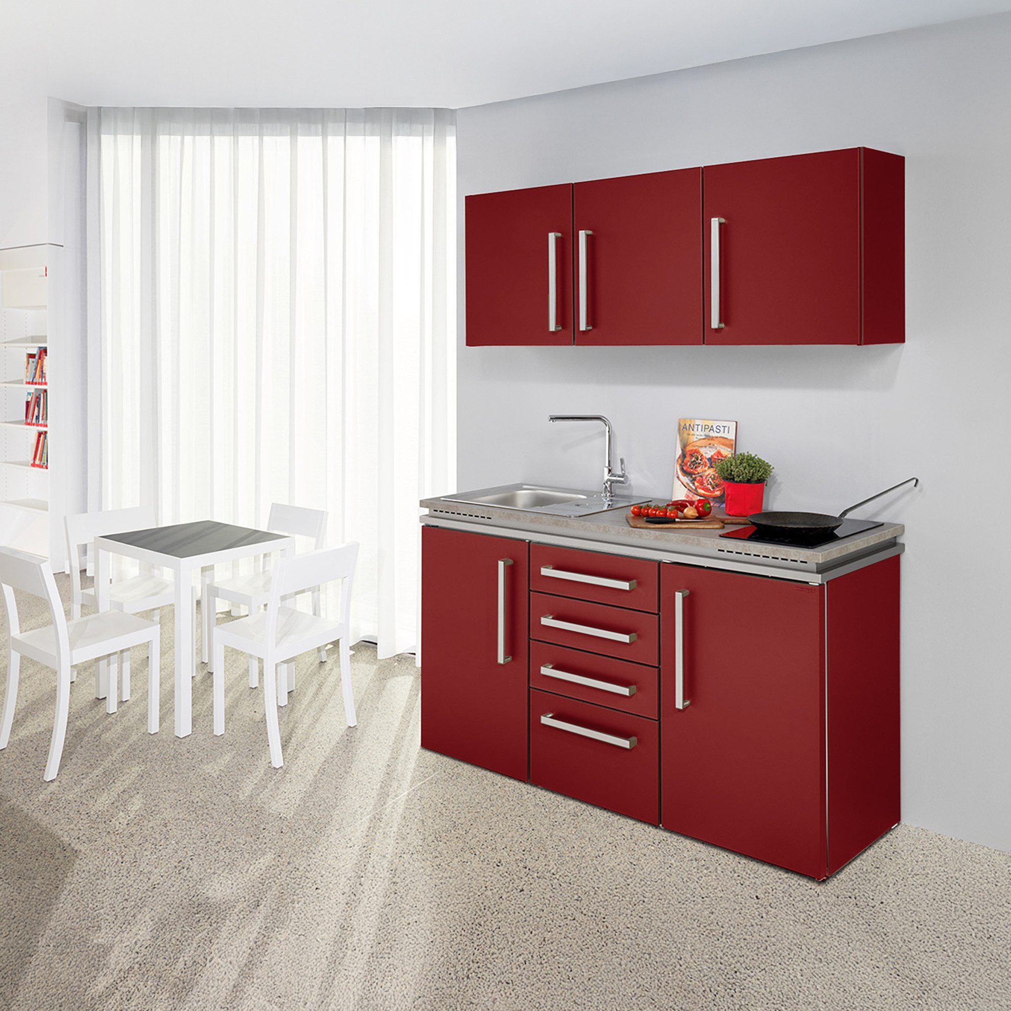 Stengel Кухниzeile 150 cm LUCA Кухниblock aus Metall mit E-Geräten, Singleküche, Кухниblock mit Spüle, E-Geräten: Kühlschrank, Induktionskochfeld