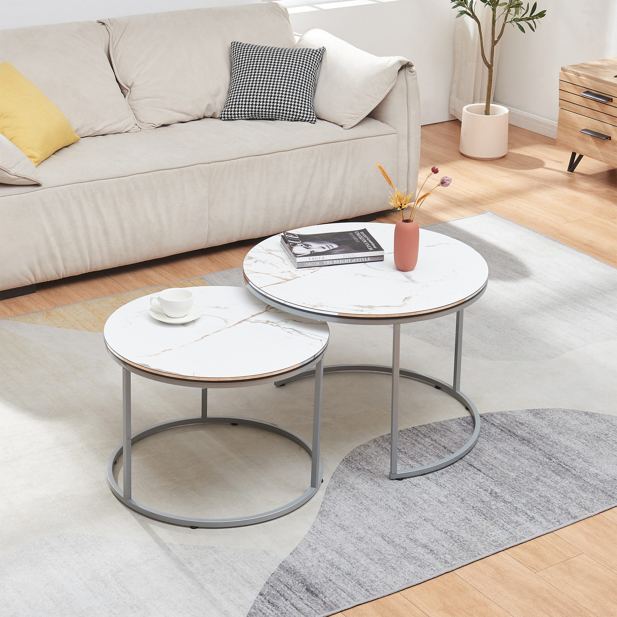 en.casa Couchtisch, »Skagen« Beistelltisch im 2er Set rund Marmor, weiß / Silber