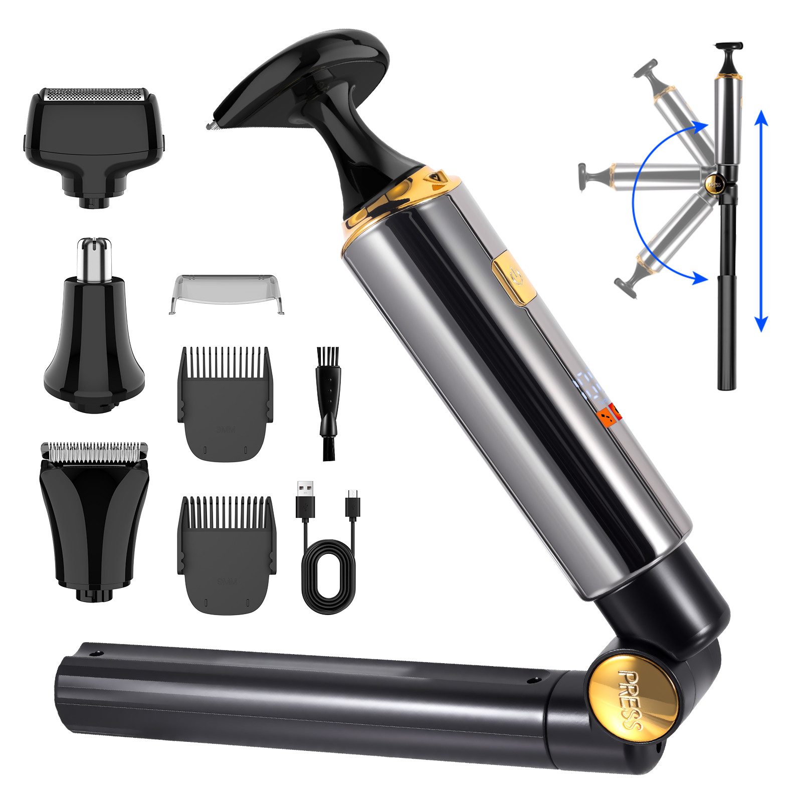 HATTEKER Körperrasierer HT-6198, Barttrimmer Bodygroomer, Rückentrimmer 4-in-1-Set Wasserdicht