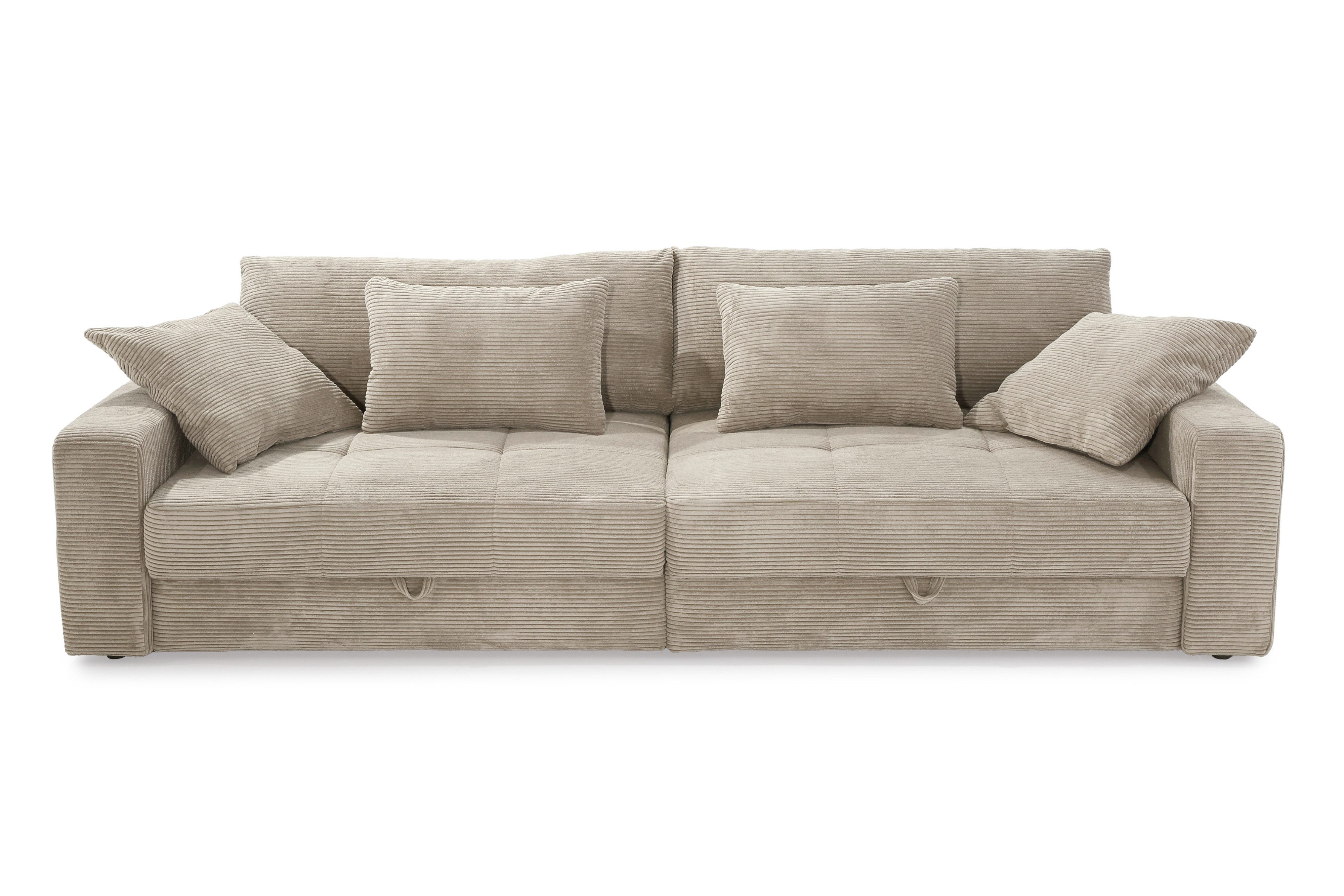 luma-home Big-Sofa 15263, Lounge Couch B284/T113/H84 cm, Wellenunterfederung, markante Steppungen, 2 Bettkästen, Bezug Cord in Beige Grau