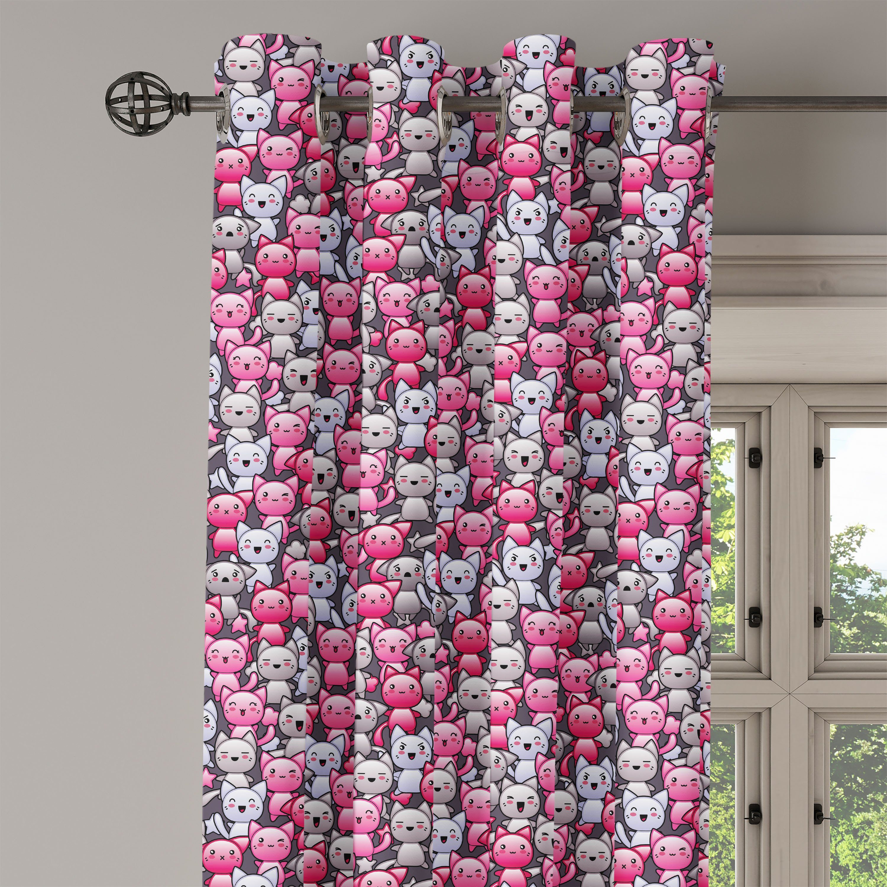 Gardine Dekorative 2-Panel-Fenstervorhänge für Doodle Abakuhaus, Schlafzimmer Kawaii Katze Wohnzimmer, Humor
