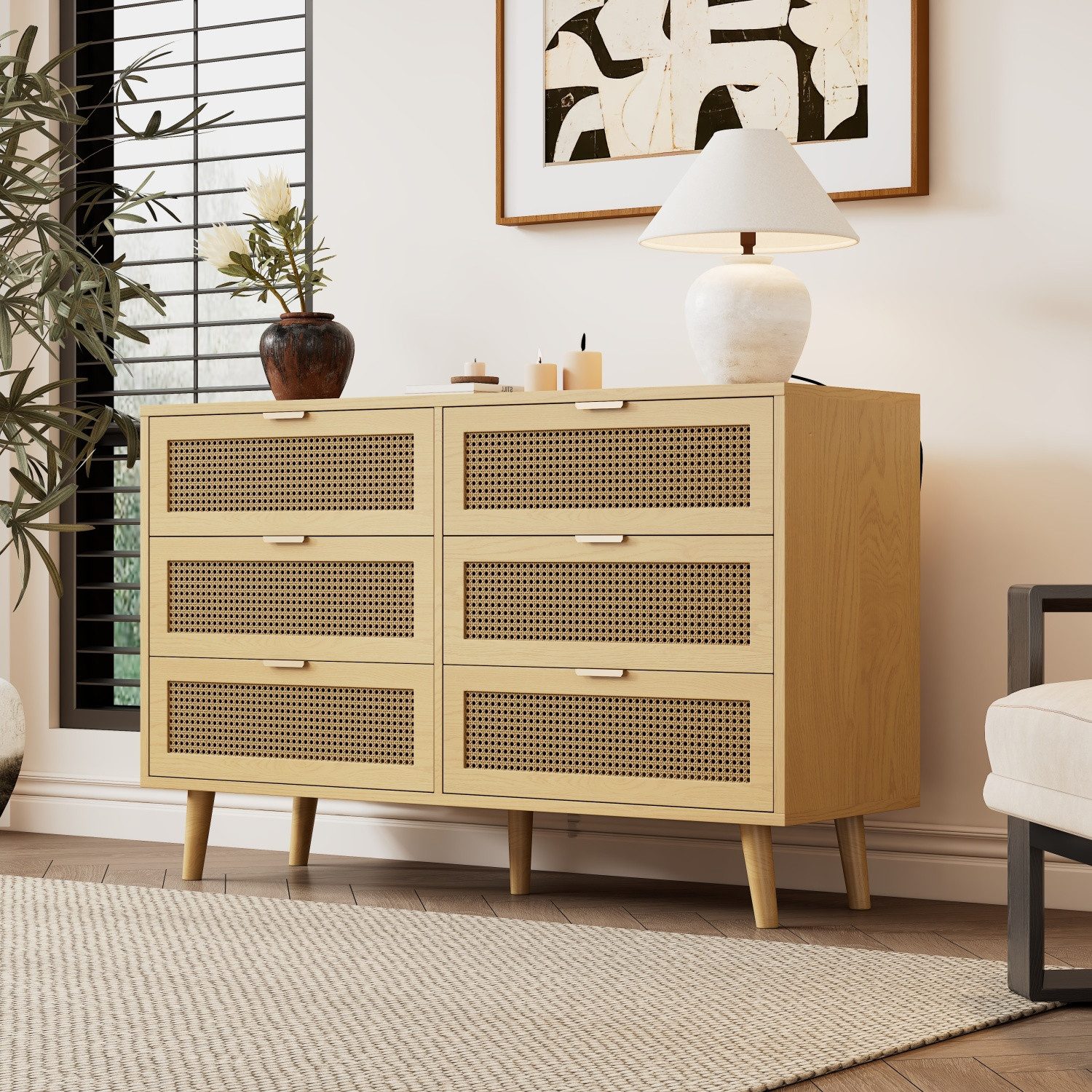 Flieks Kommode mit 6 Schubladen Rattan (B120/H76,5/T40 cm, 1 St), Sideboard Schubkastenkommode Aufbewahrungsschrank, Massivholzbeine